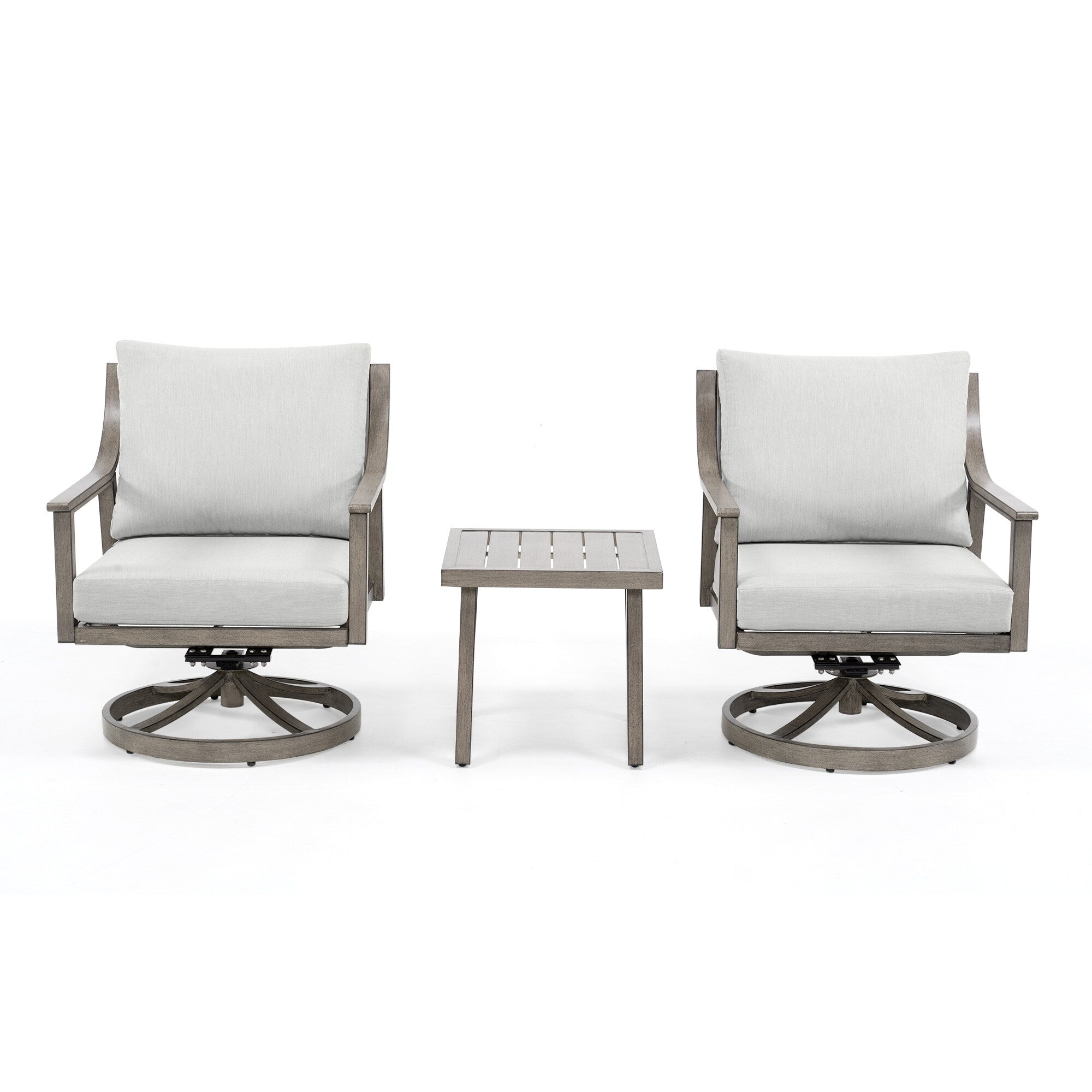 3-Piece Aluminum Patio Conversation Set with Swivel Chairs, End Table and Cushions