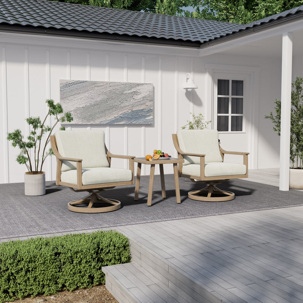 3-Piece Aluminum Patio Conversation Set with Swivel Chairs, End Table and Cushions