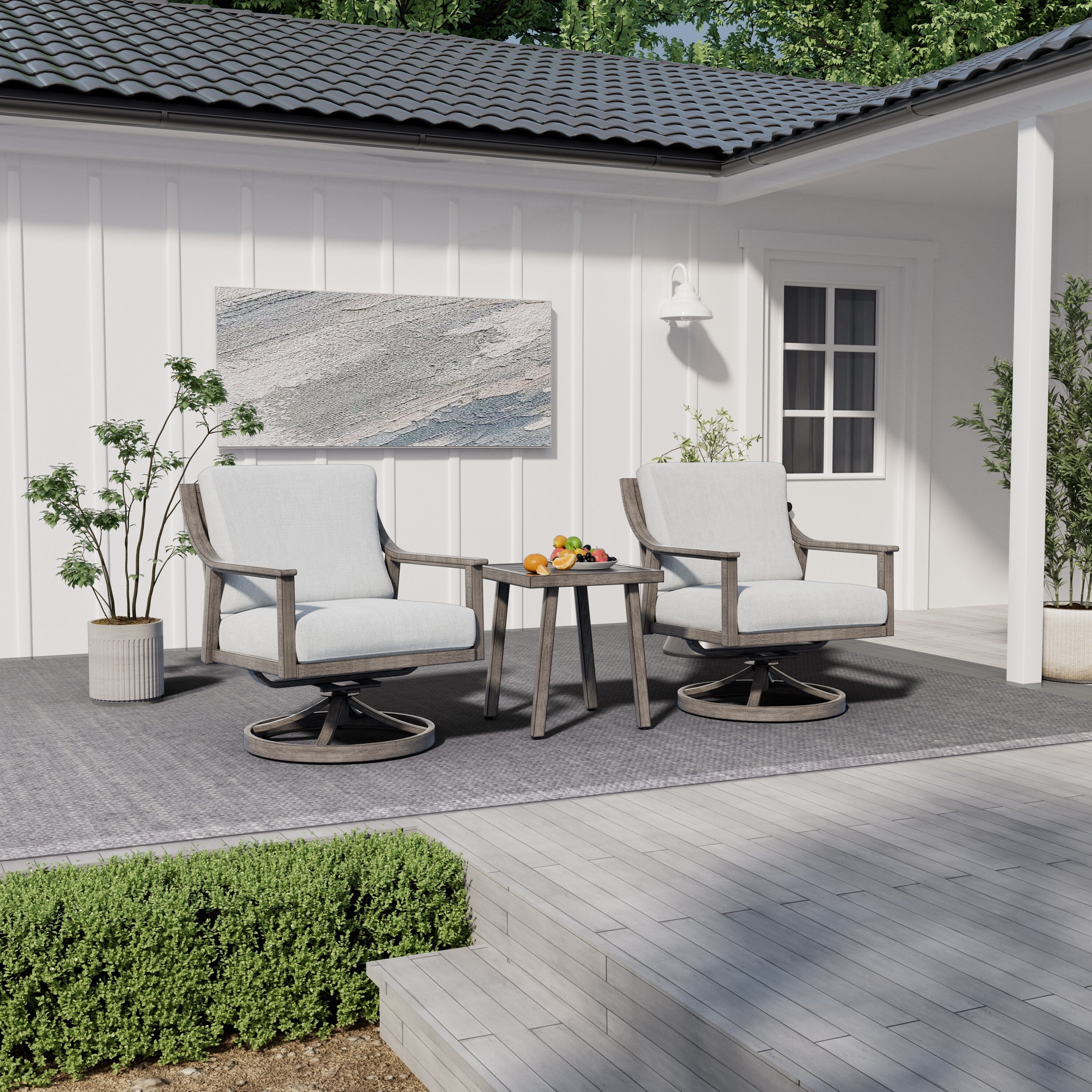 3-Piece Aluminum Patio Conversation Set with Swivel Chairs, End Table and Cushions