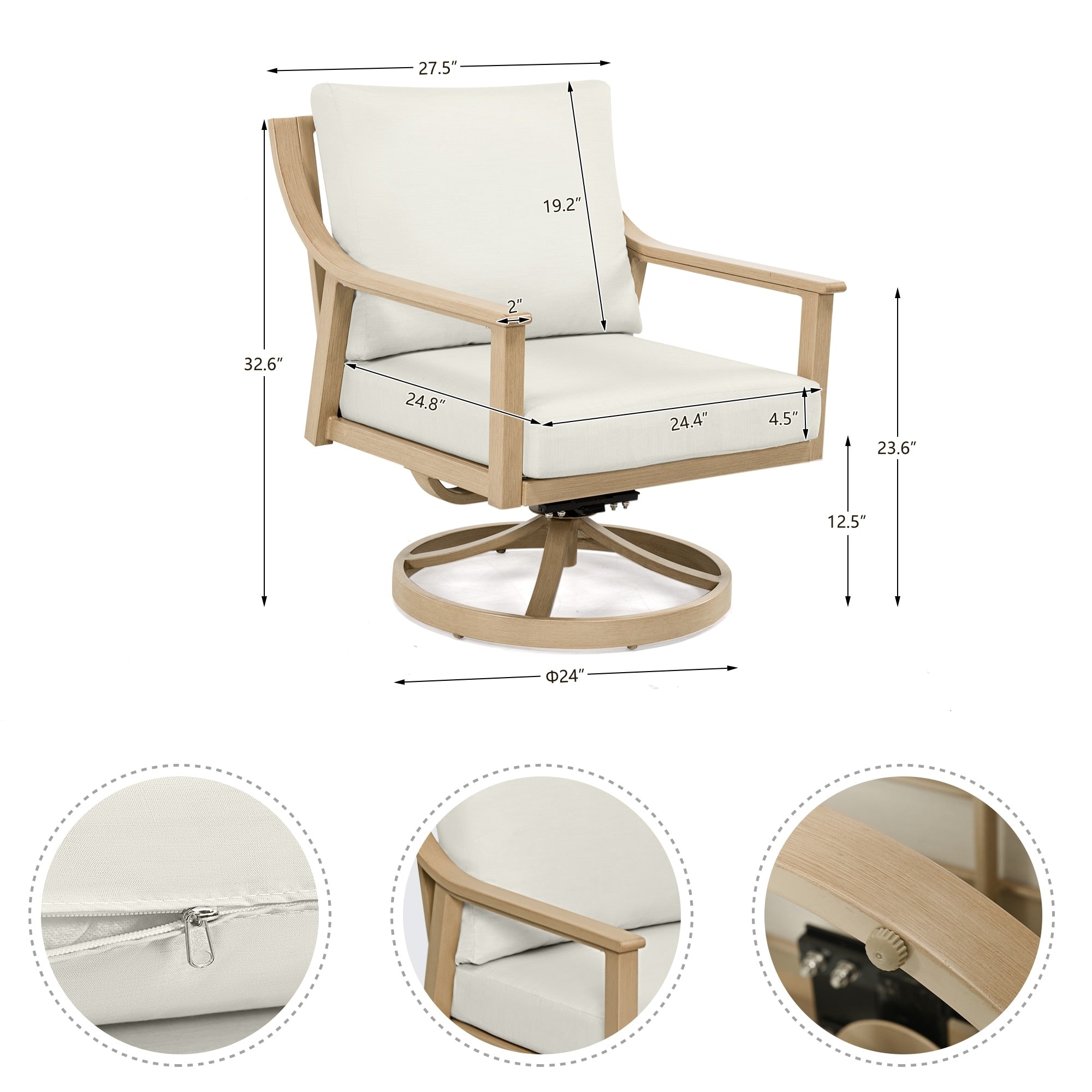 3-Piece Aluminum Patio Conversation Set with Swivel Chairs, End Table and Cushions