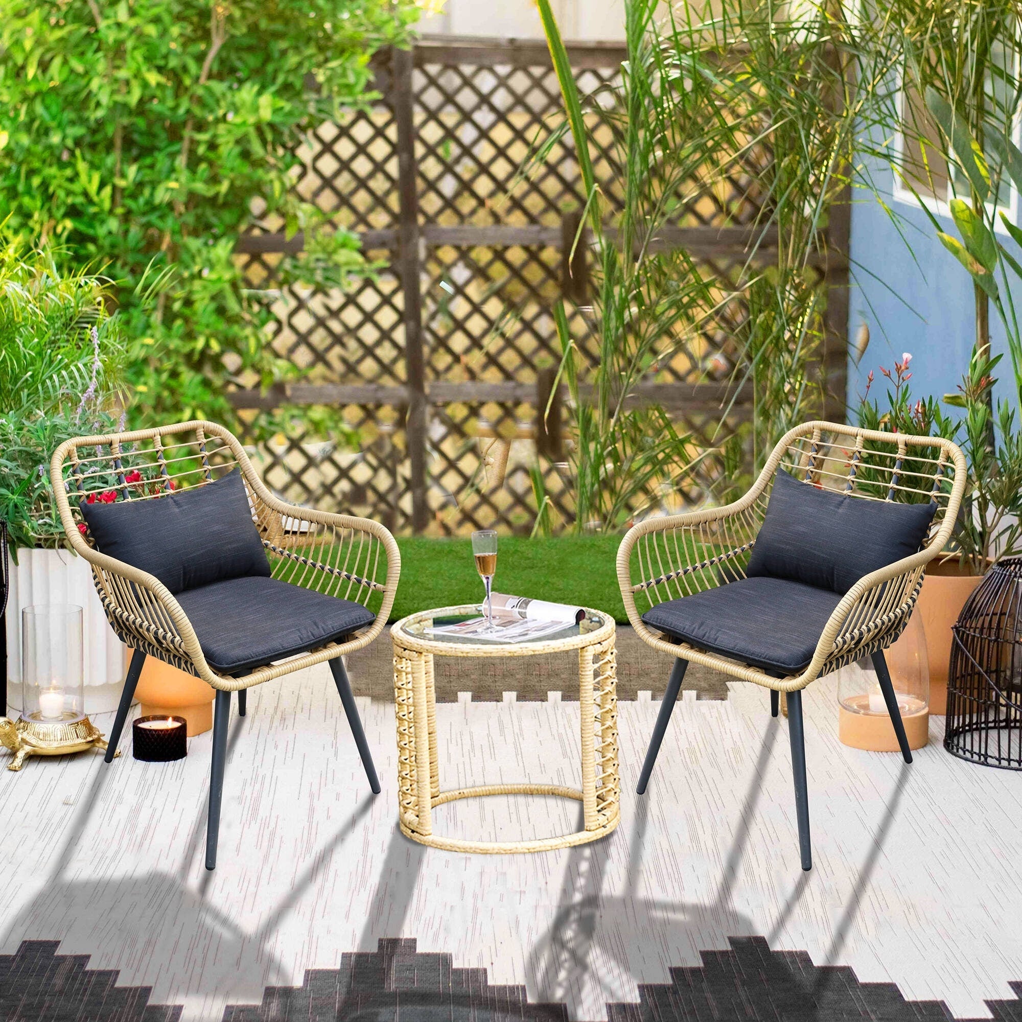 Ensemble bistrot rembourré 3 pièces avec chaises en osier et table d'appoint pour patio