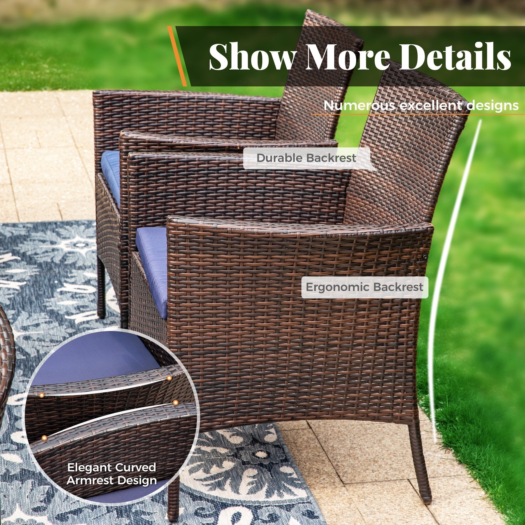 3-Piece Outdoor Bistro Set: 22 Table with Umbrella Hole & 2 Rattan Chairs - Black