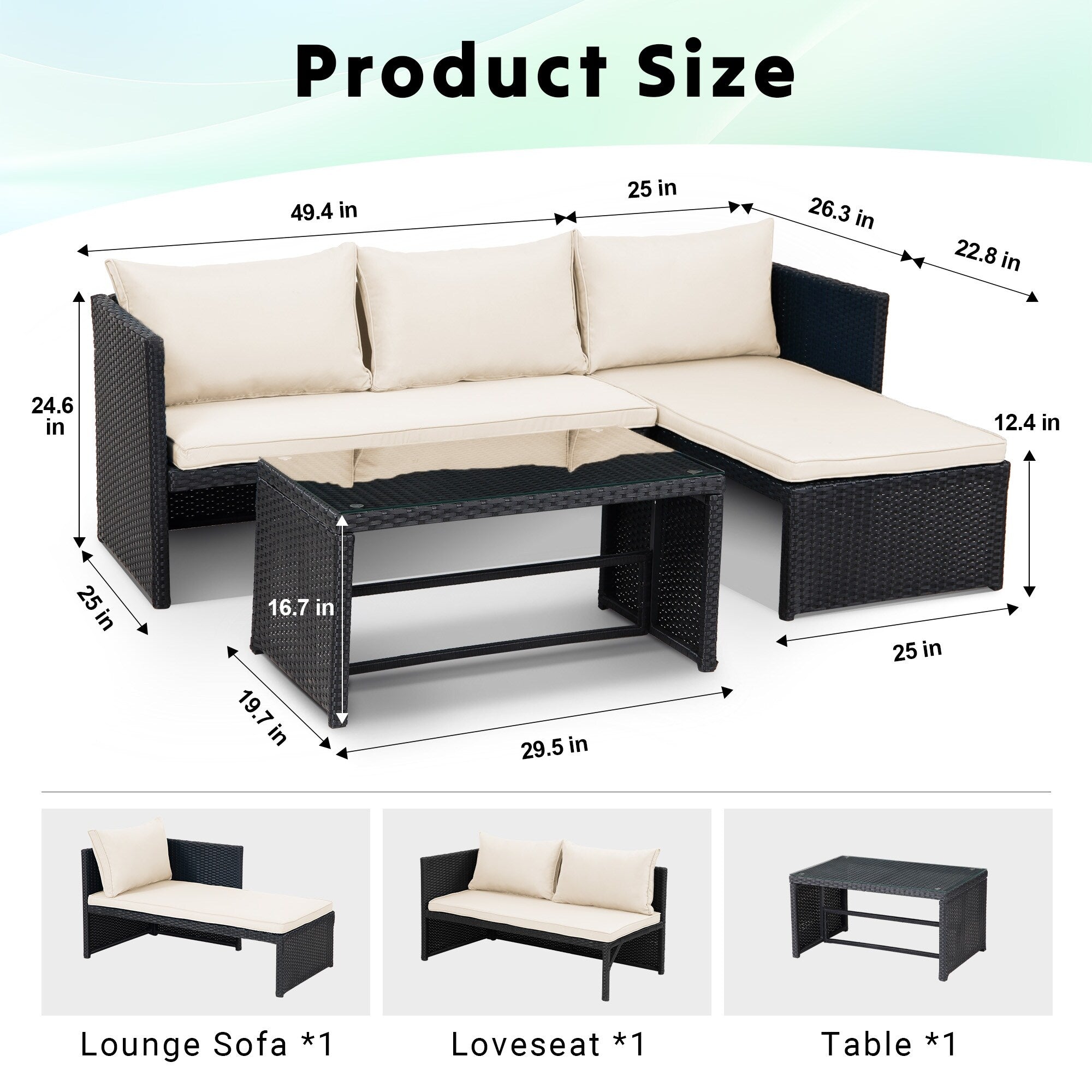 3-Piece Outdoor PE Rattan Furniture Set Patio Wicker Conversation Loveseat Sofa Sectional Couch Cushion