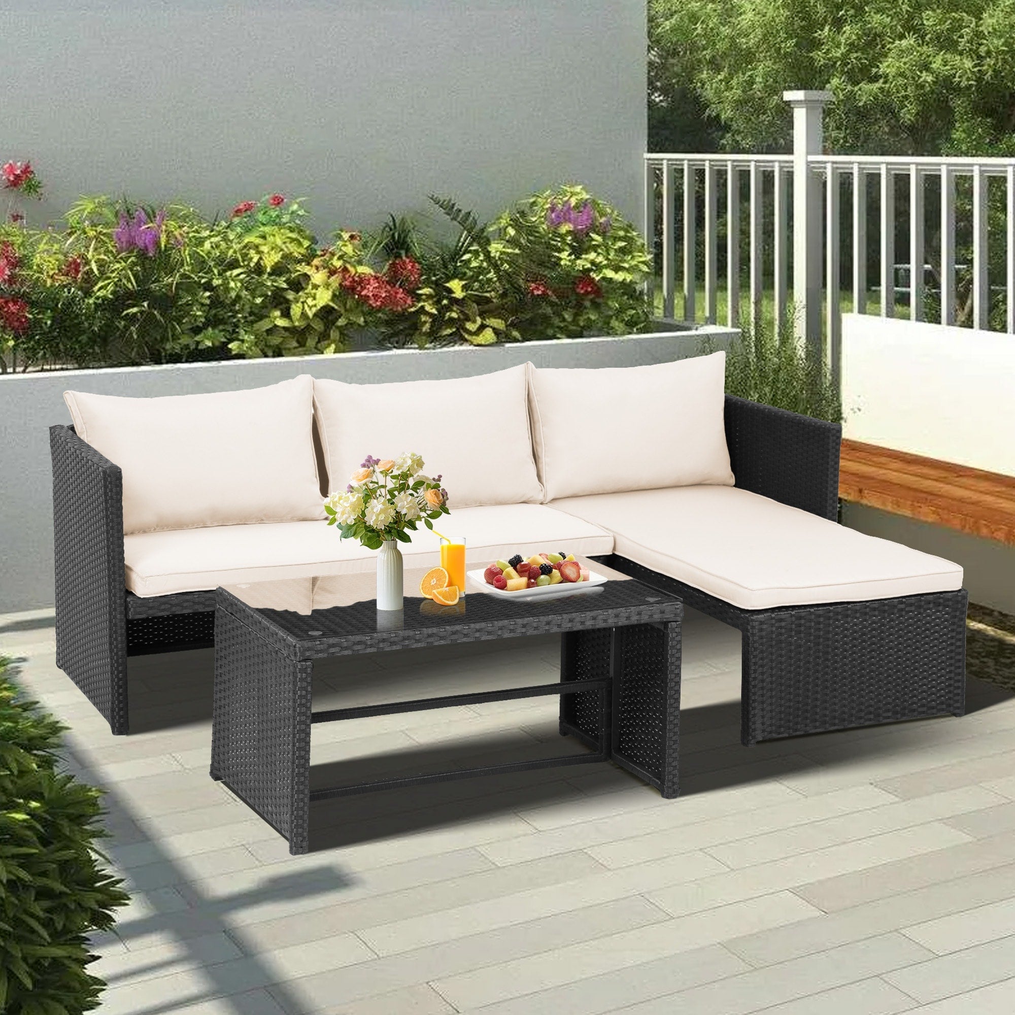 3-Piece Outdoor PE Rattan Furniture Set Patio Wicker Conversation Loveseat Sofa Sectional Couch Cushion