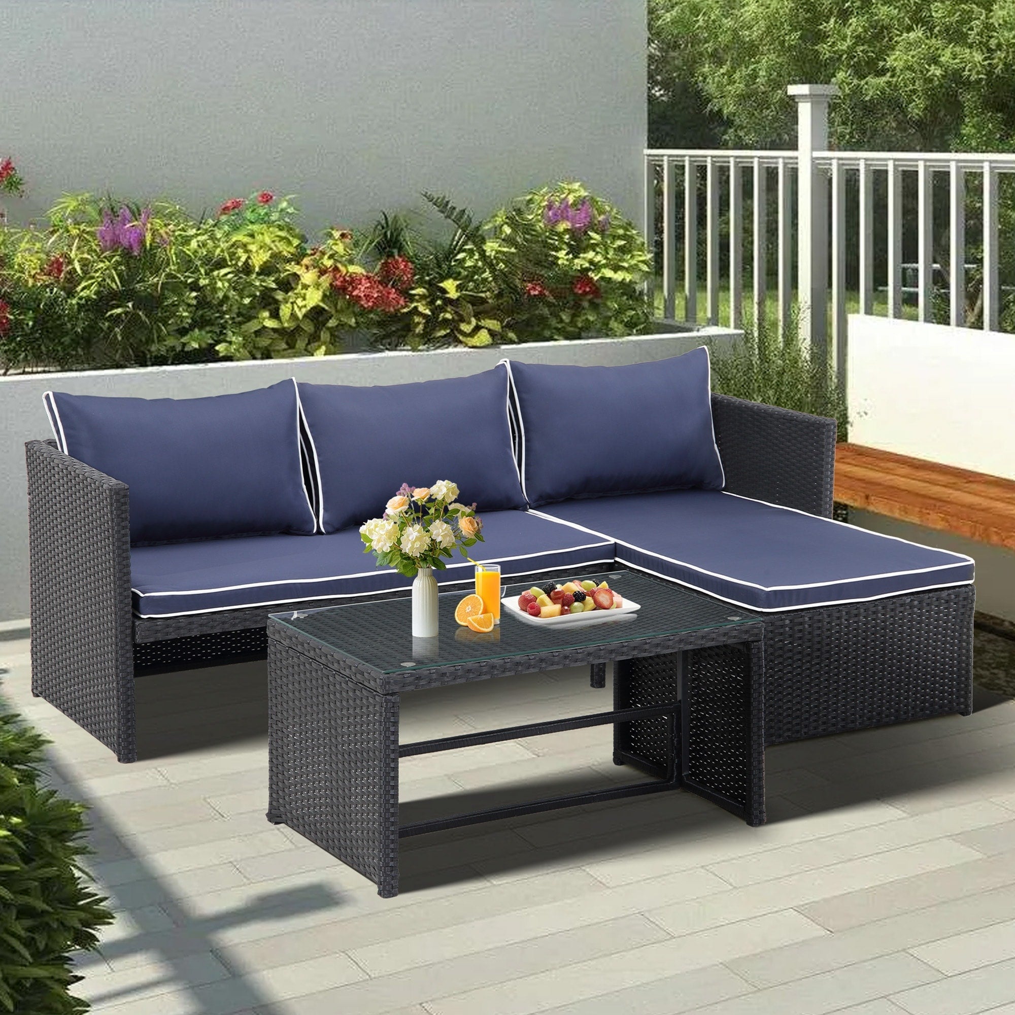 3-Piece Outdoor PE Rattan Furniture Set Patio Wicker Conversation Loveseat Sofa Sectional Couch Cushion
