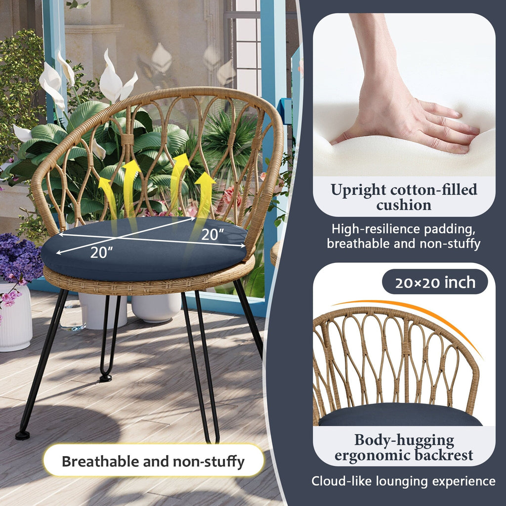 3-Piece Outdoor Patio Rattan Conversation Leisure Chairs Set with 2 Chair and Glass Coffee Table