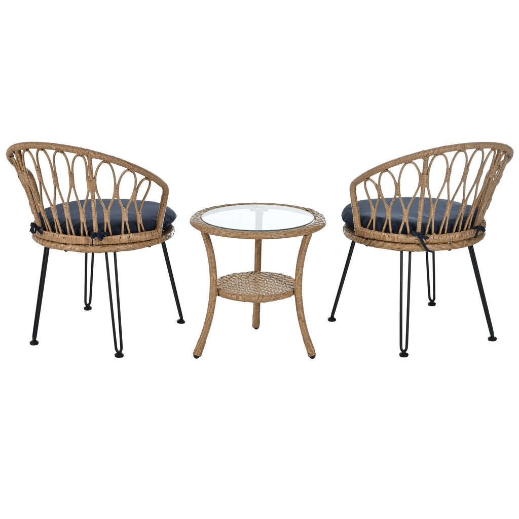 3-Piece Outdoor Patio Rattan Conversation Leisure Chairs Set with 2 Chair and Glass Coffee Table