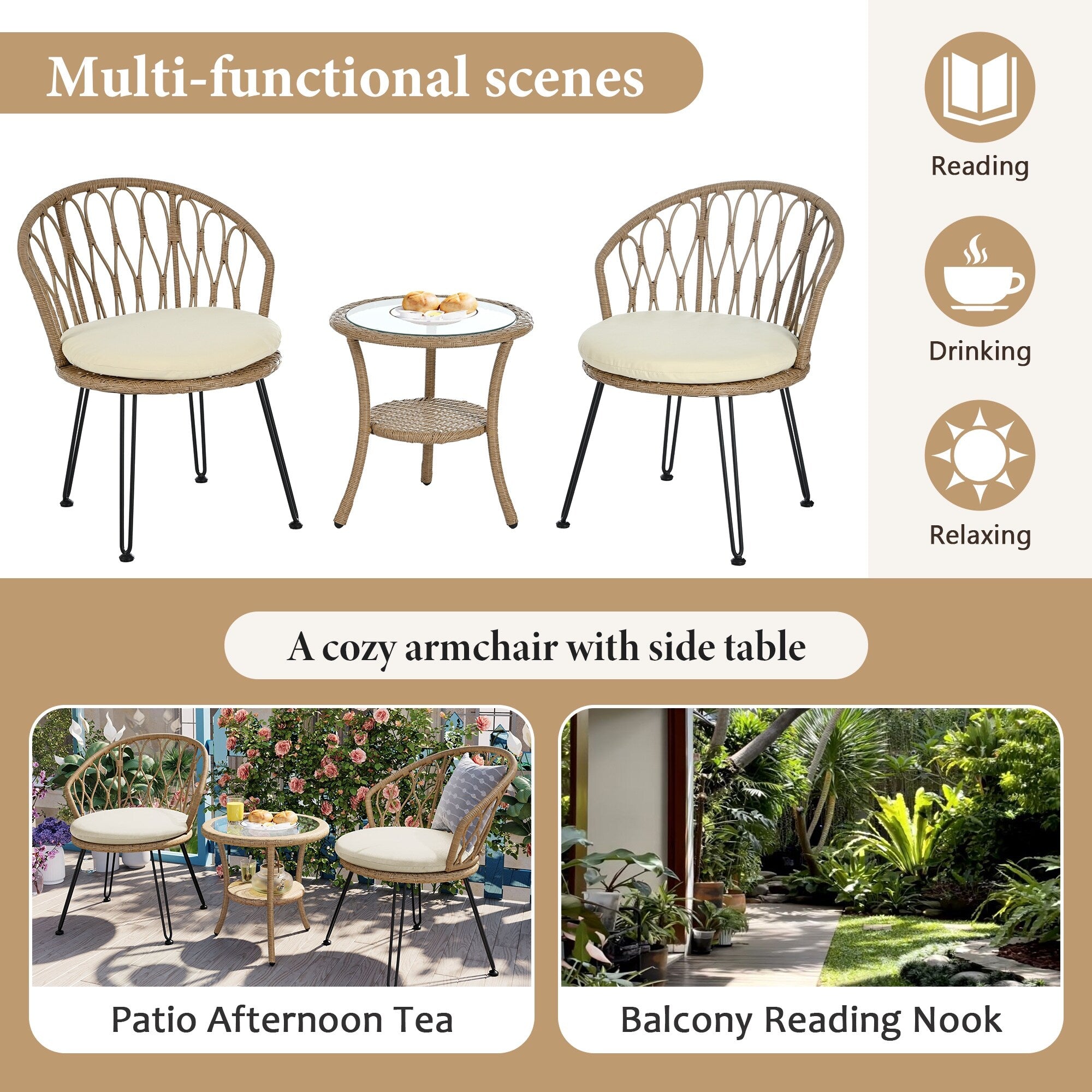 3-Piece Outdoor Patio Rattan Conversation Leisure Chairs Set with 2 Chair and Glass Coffee Table