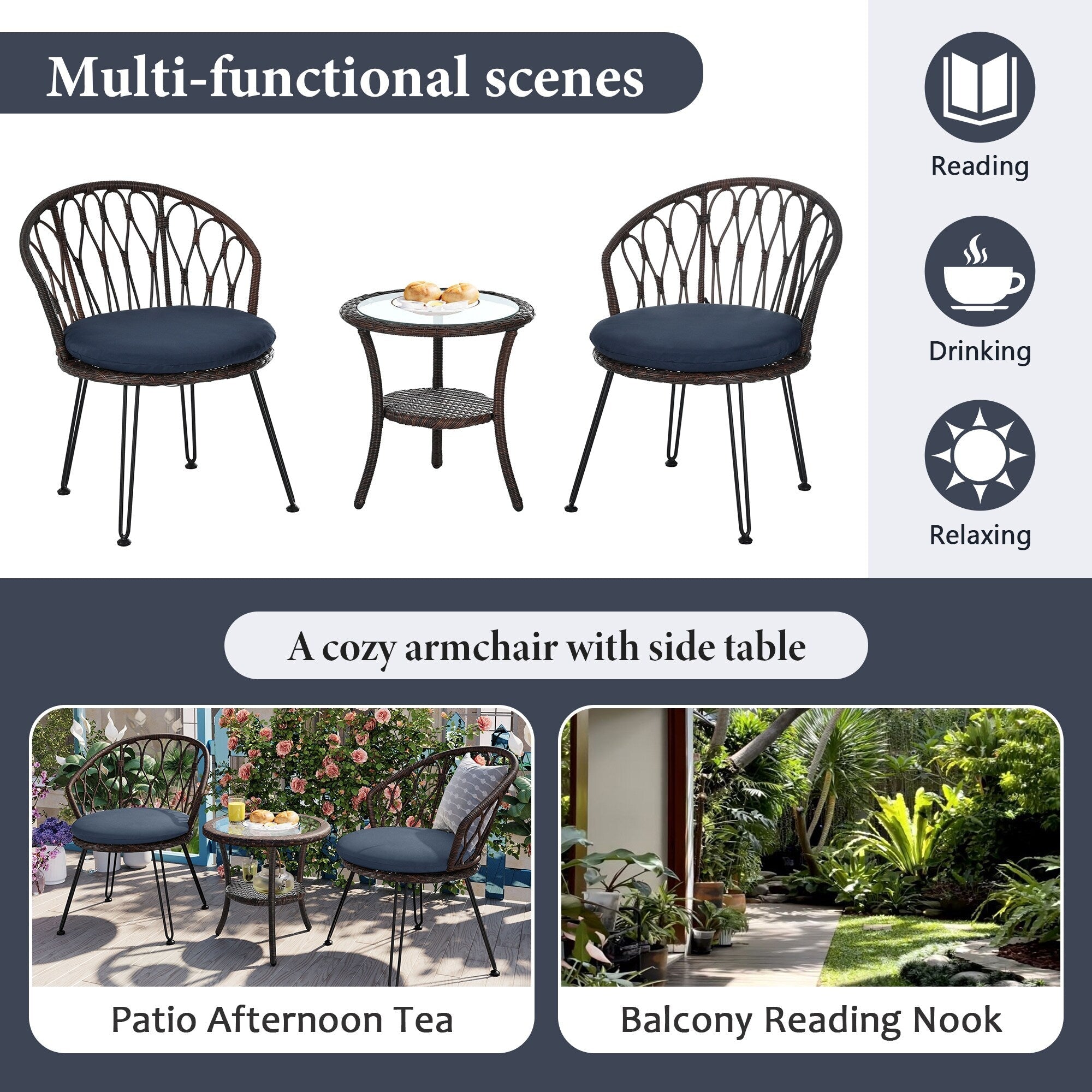 3-Piece Outdoor Patio Rattan Conversation Leisure Chairs Set with 2 Chair and Glass Coffee Table