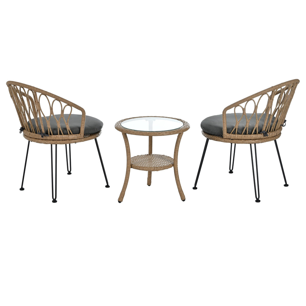 3-Piece Outdoor Patio Rattan Conversation Leisure Chairs Set with 2 Chair and Glass Coffee Table