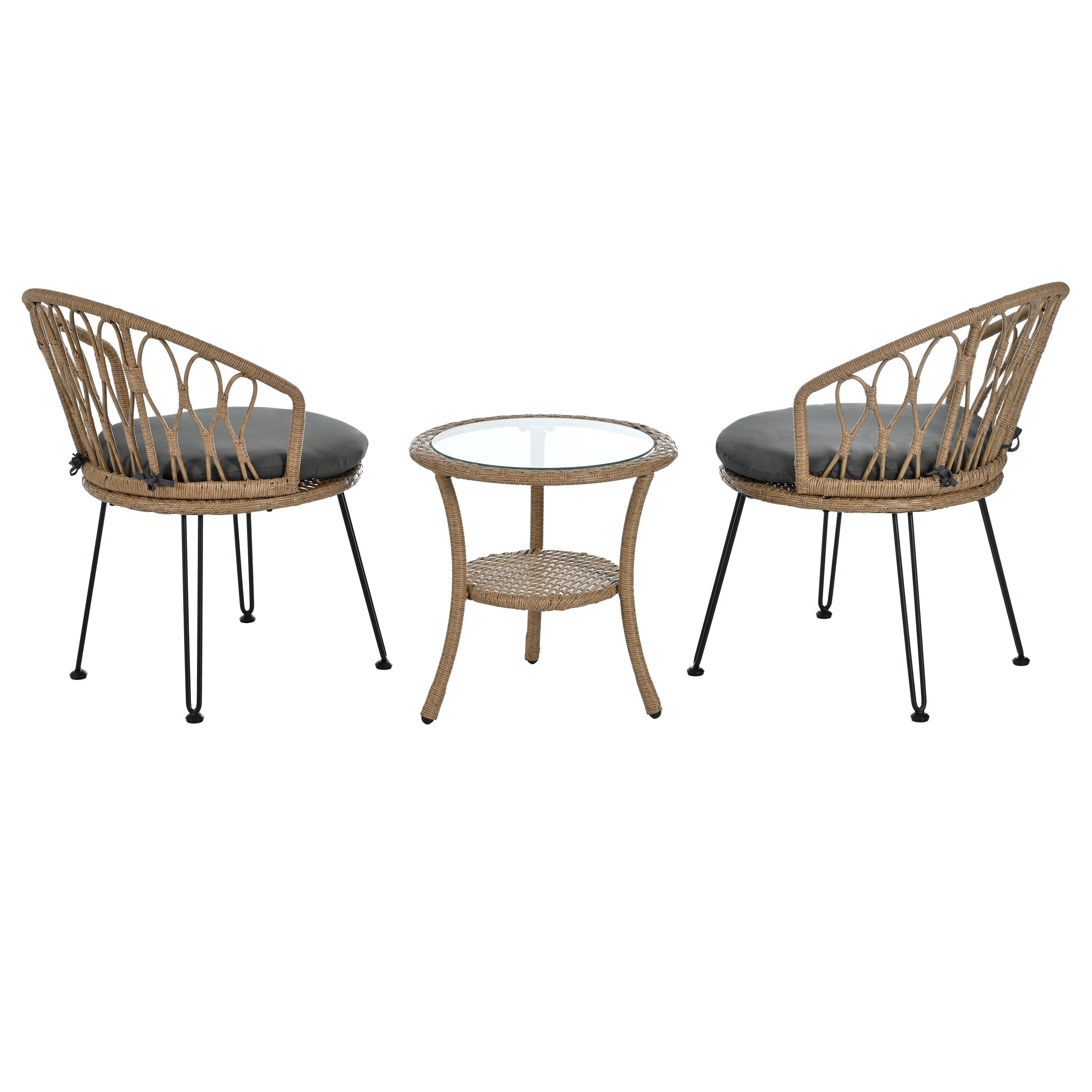 3-Piece Outdoor Patio Rattan Conversation Leisure Chairs Set with 2 Chair and Glass Coffee Table