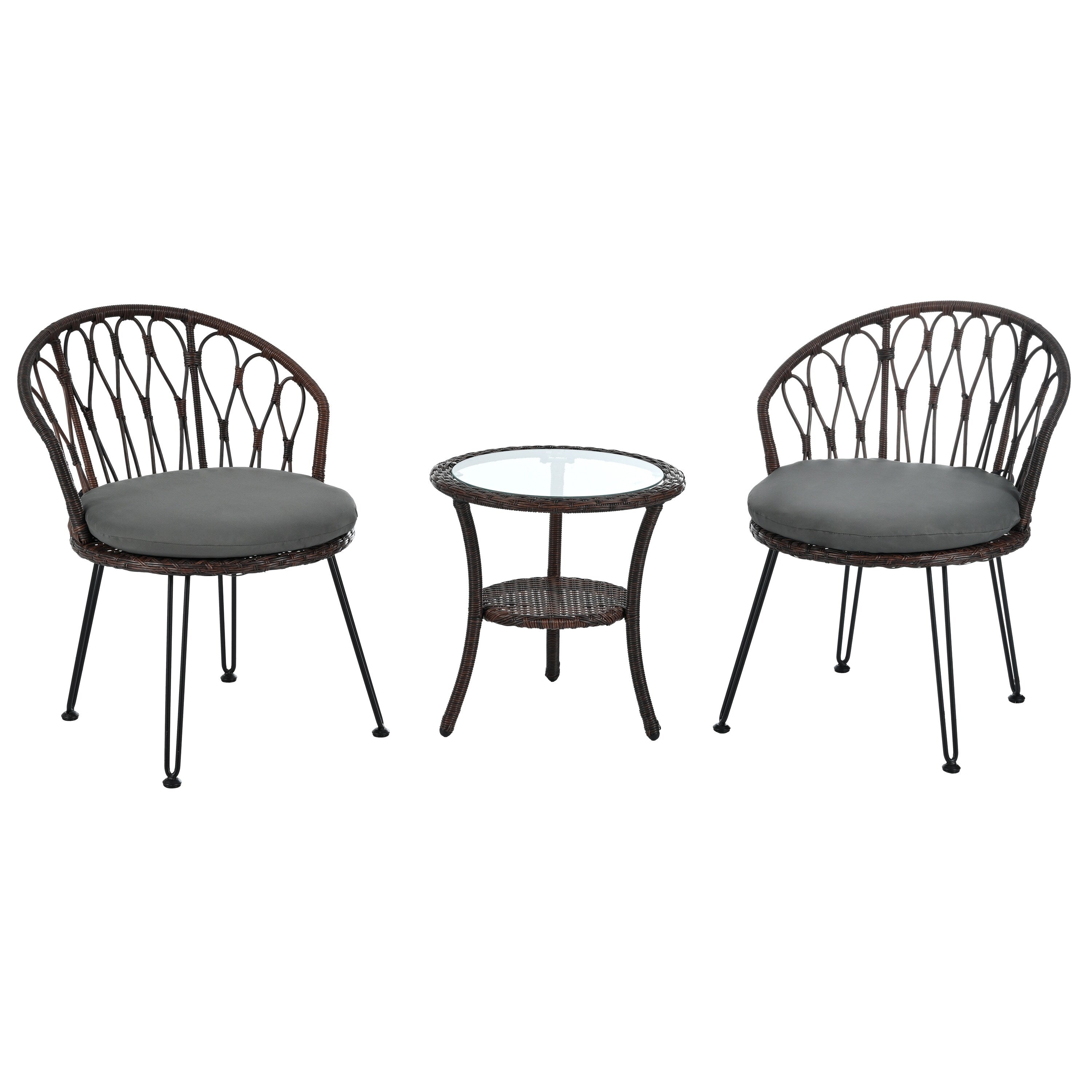 3-Piece Outdoor Patio Rattan Conversation Leisure Chairs Set with 2 Chair and Glass Coffee Table