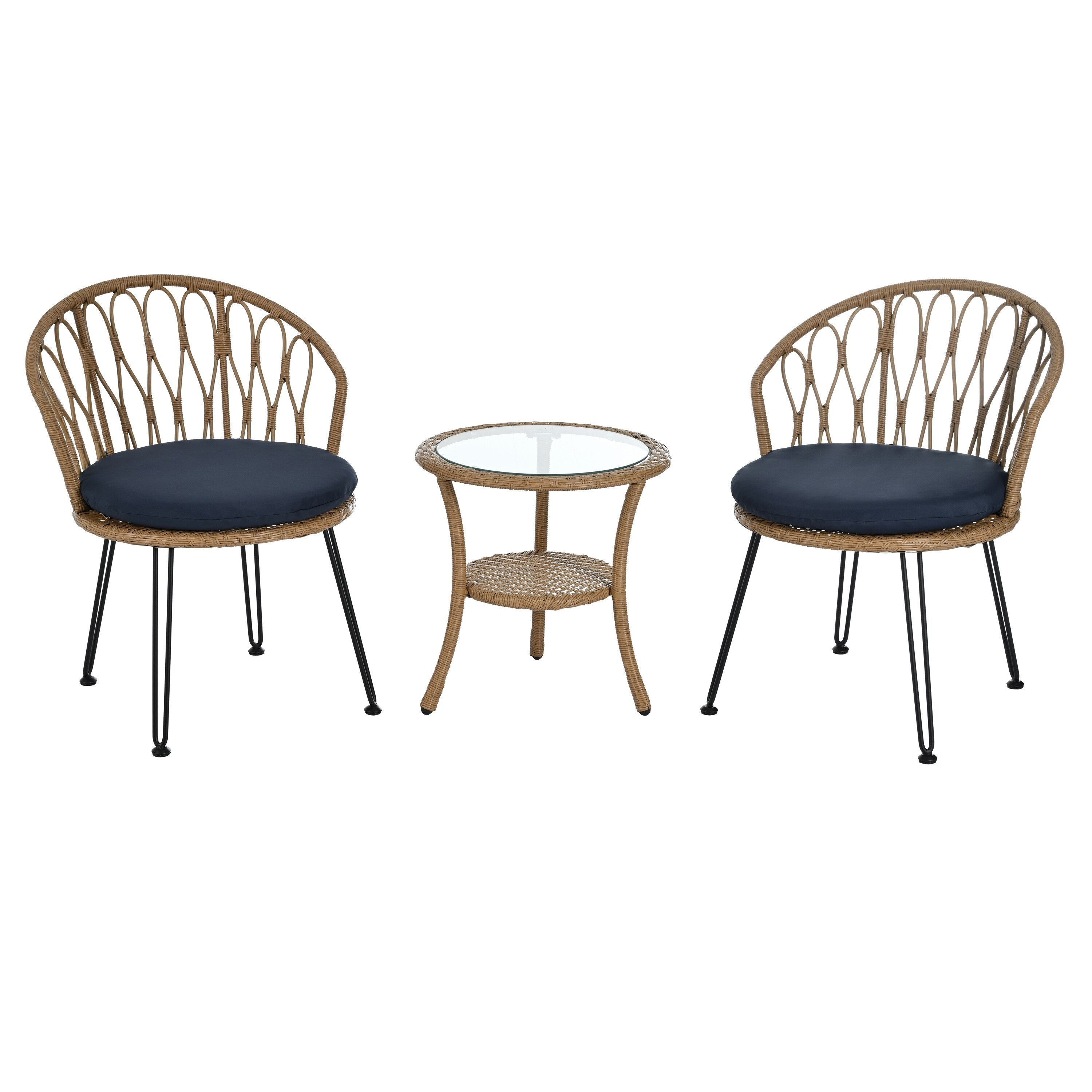 3-Piece Outdoor Patio Rattan Conversation Leisure Chairs Set with 2 Chair and Glass Coffee Table