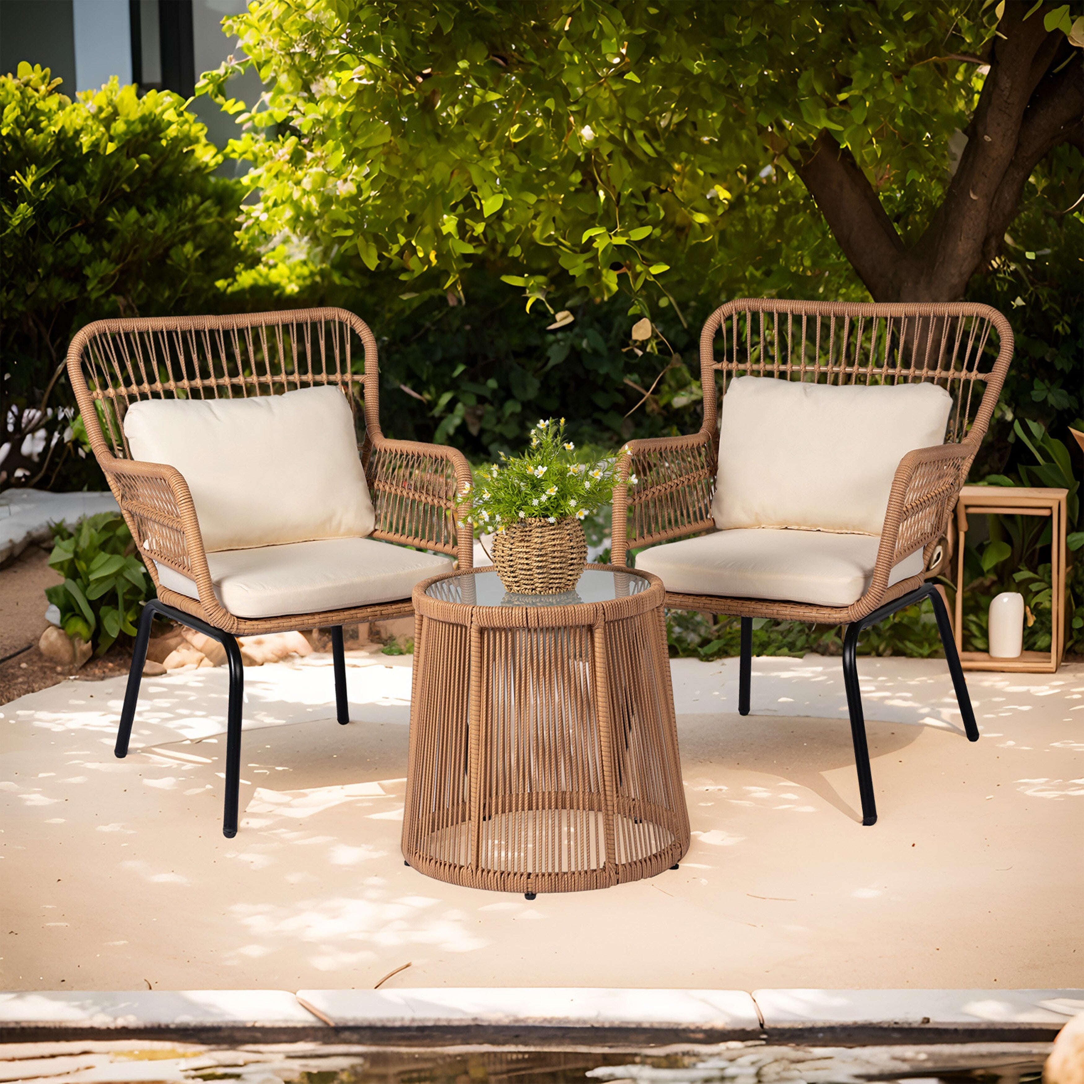 Ensemble de bistrot d'extérieur 3 pièces en osier, mobilier de jardin en rotin toutes saisons, chaises de patio avec coussins
