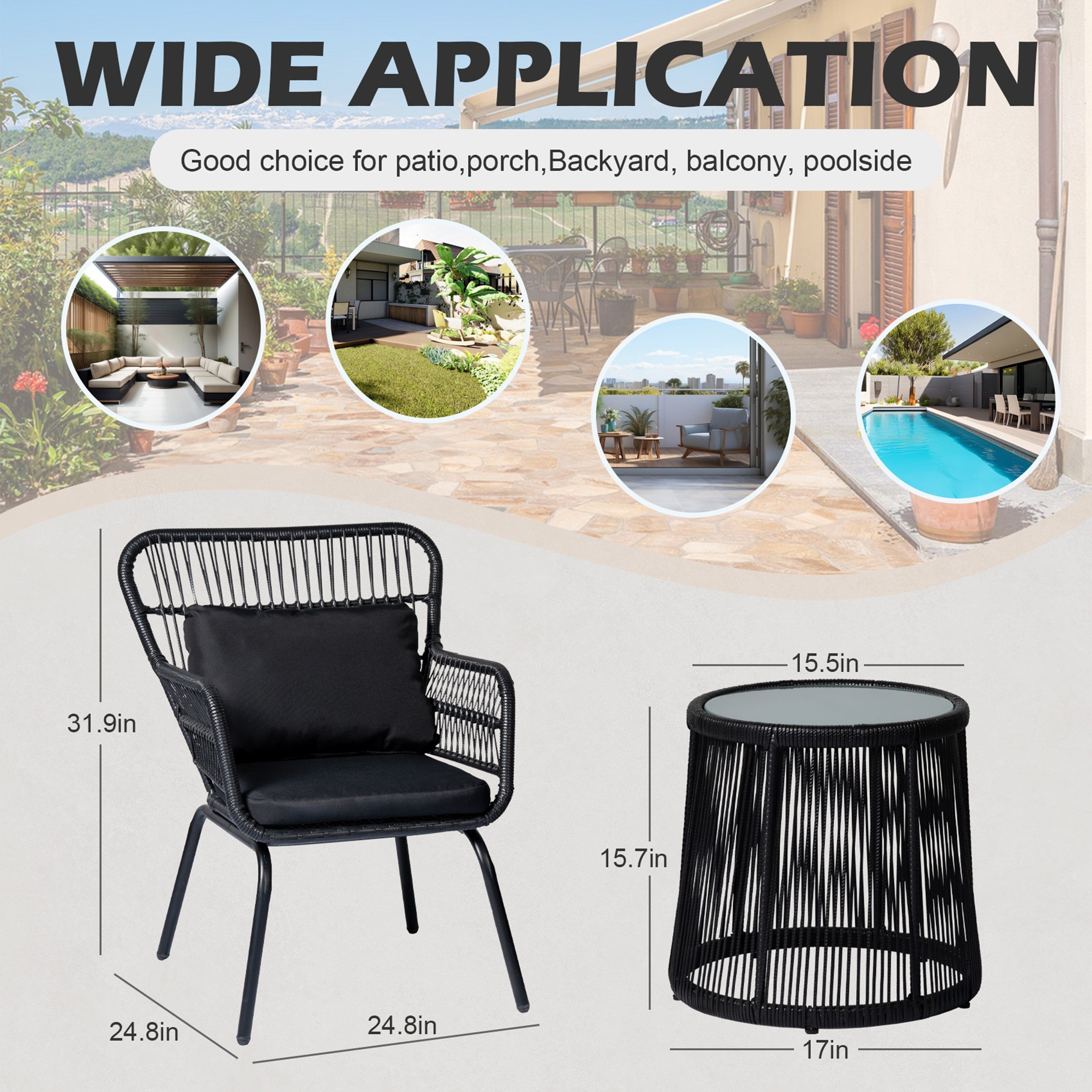 Ensemble de bistrot d'extérieur 3 pièces en osier, mobilier de jardin en rotin toutes saisons, chaises de patio avec coussins