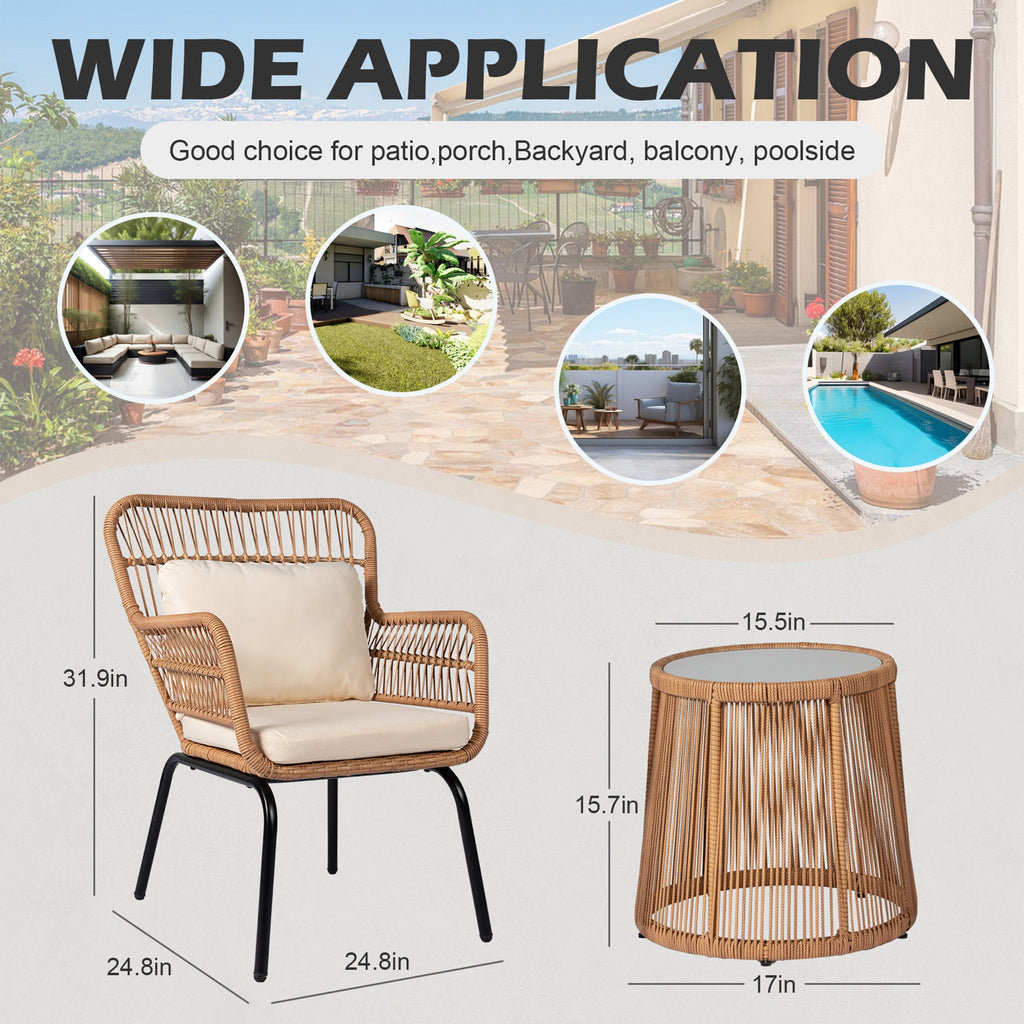 Ensemble de bistrot d'extérieur 3 pièces en osier, mobilier de jardin en rotin toutes saisons, chaises de patio avec coussins