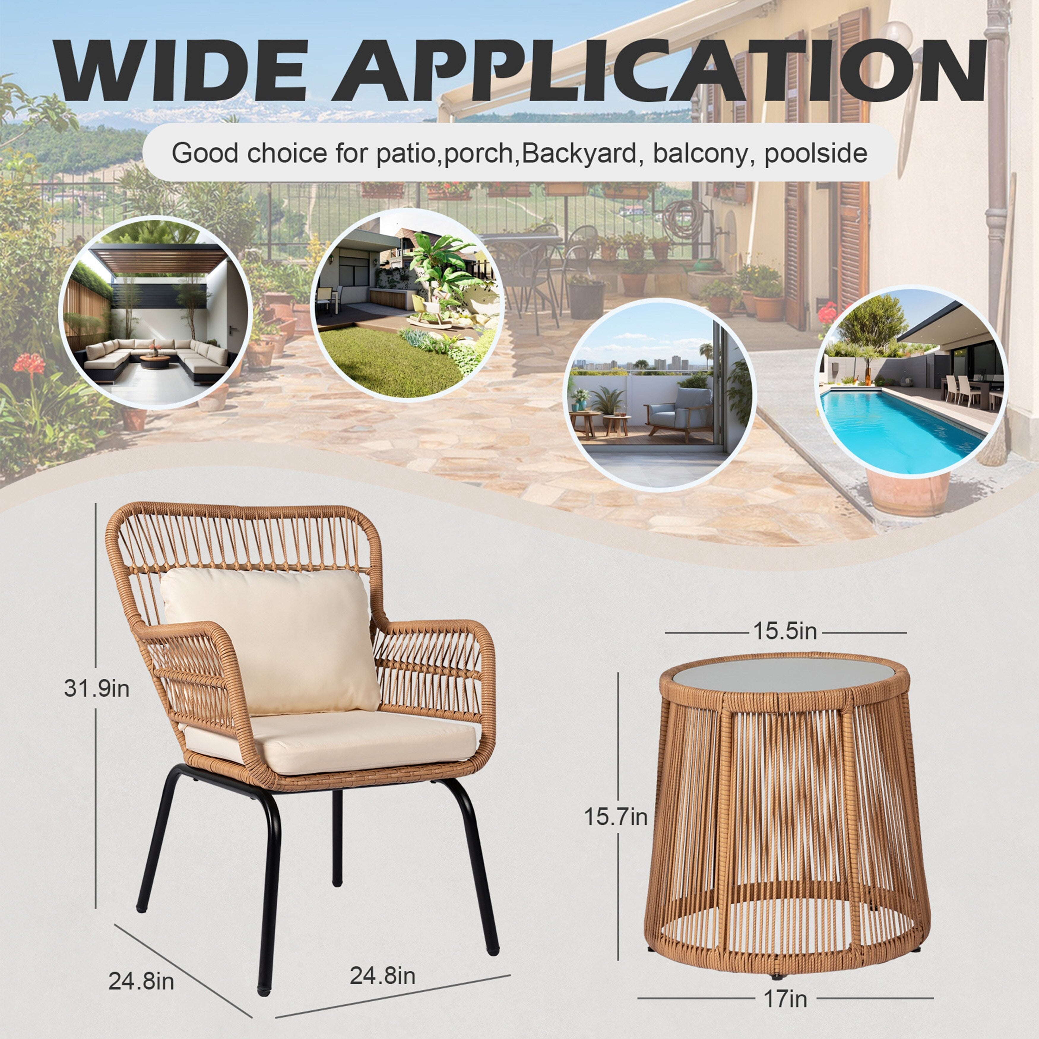 Ensemble de bistrot d'extérieur 3 pièces en osier, mobilier de jardin en rotin toutes saisons, chaises de patio avec coussins
