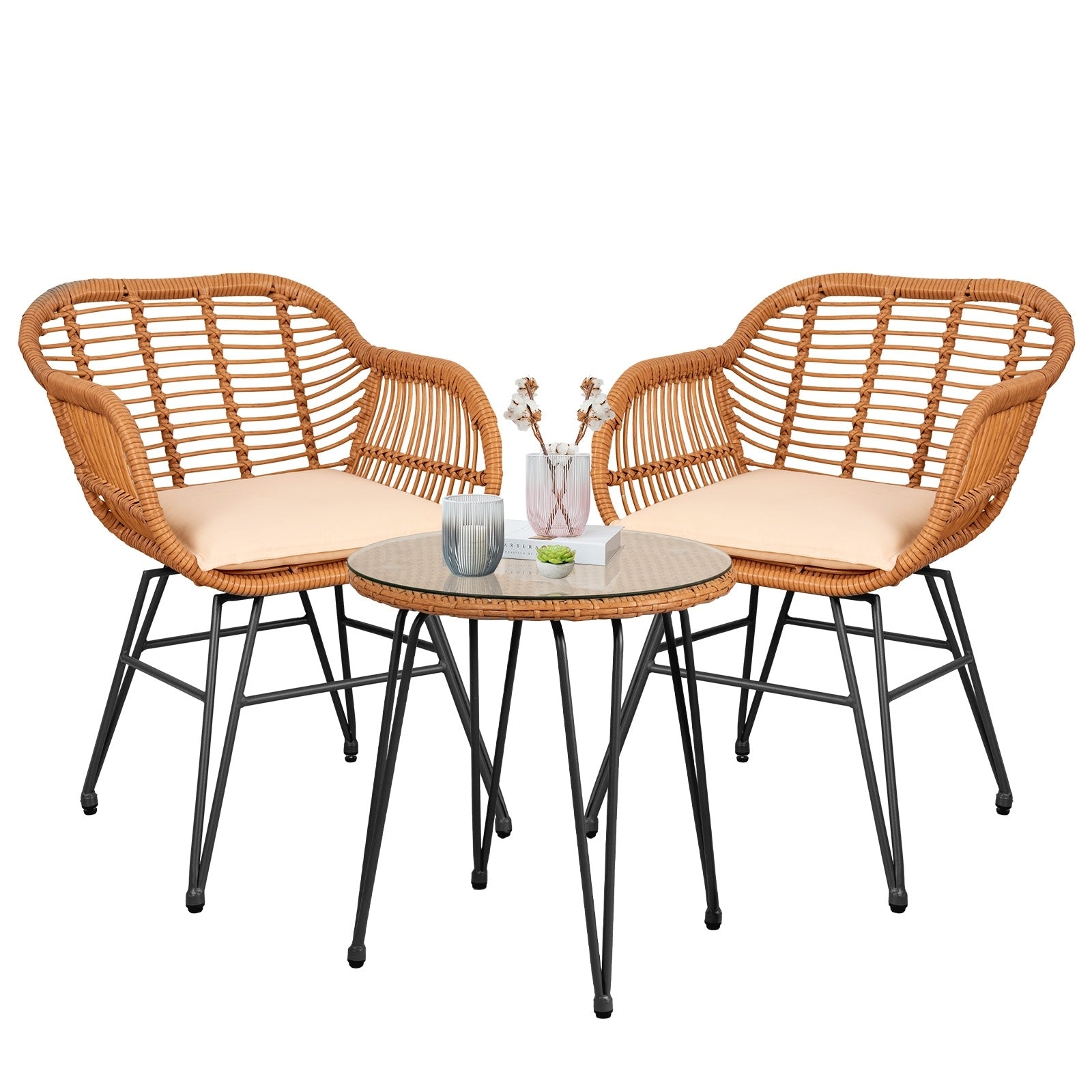 Ensemble de 3 chaises de jardin en osier avec coussins pour terrasse, piscine, jardin et véranda - 21,2 L x 23,6 l x 31,5 H