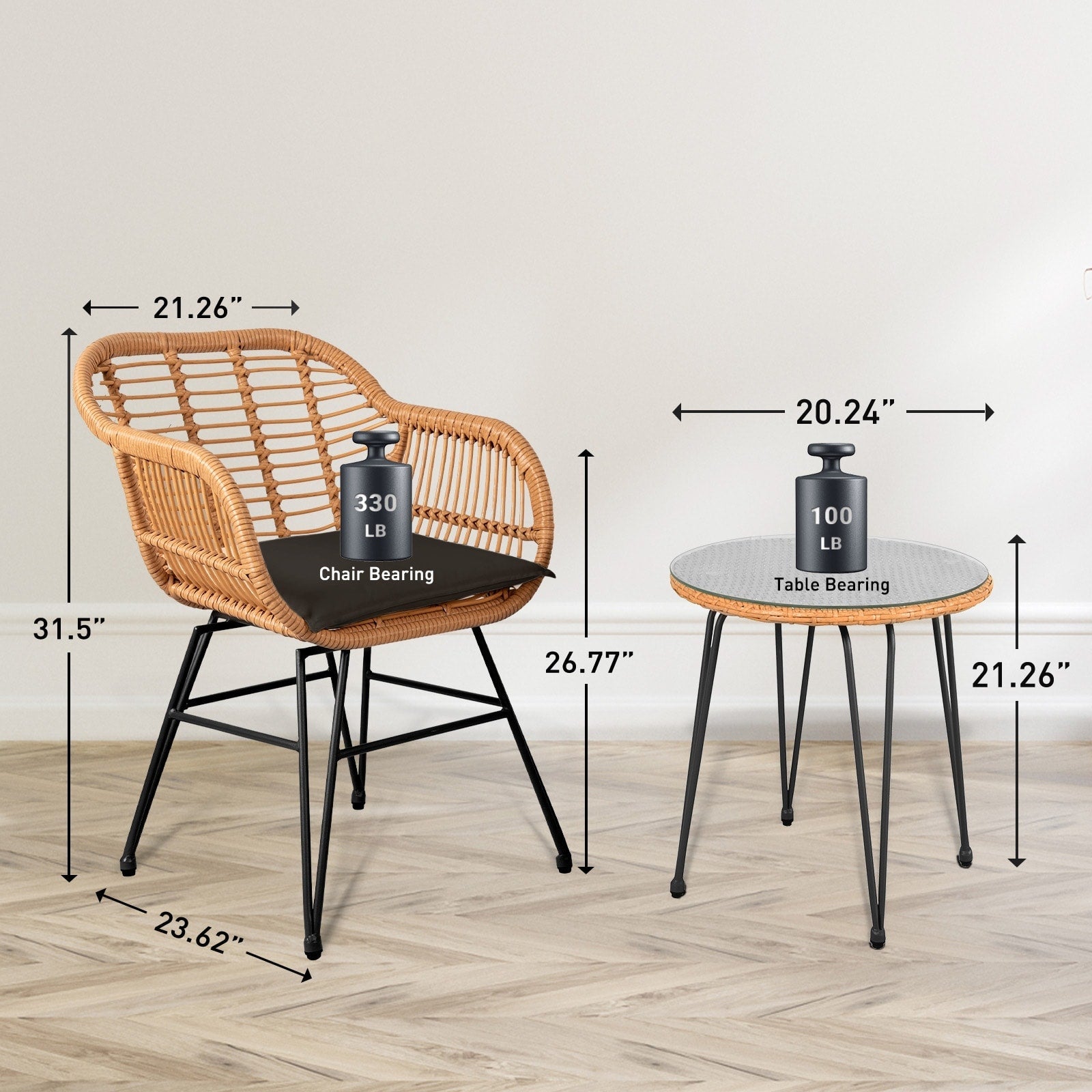Ensemble de 3 chaises de jardin en osier avec coussins pour terrasse, piscine, jardin et véranda - 21,2 L x 23,6 l x 31,5 H