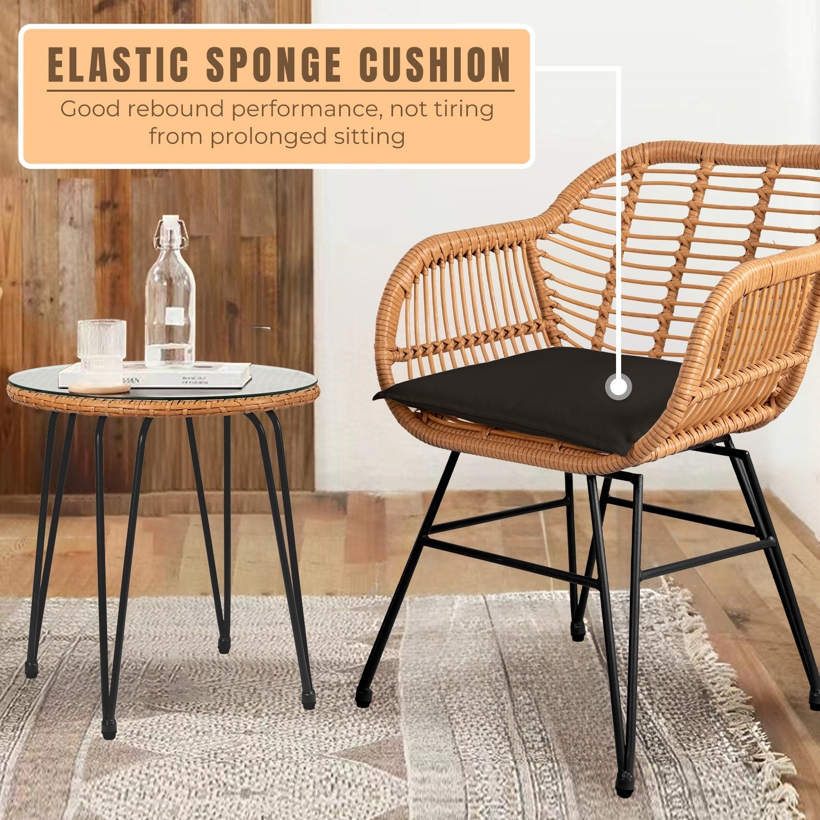 Ensemble de 3 chaises de jardin en osier avec coussins pour terrasse, piscine, jardin et véranda - 21,2 L x 23,6 l x 31,5 H