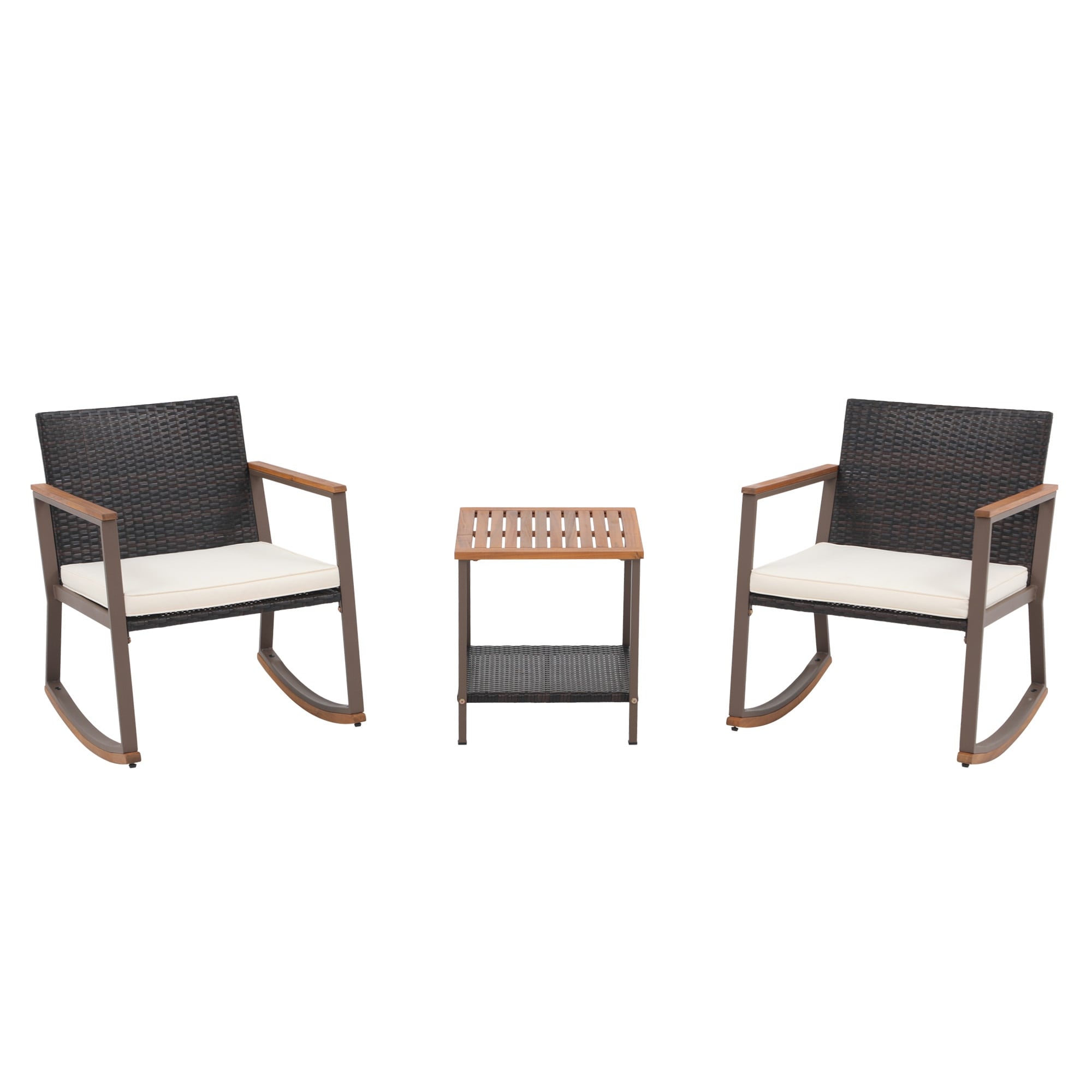 3-Piece Outdoor Wicker Rocking Chair Set with Cushions