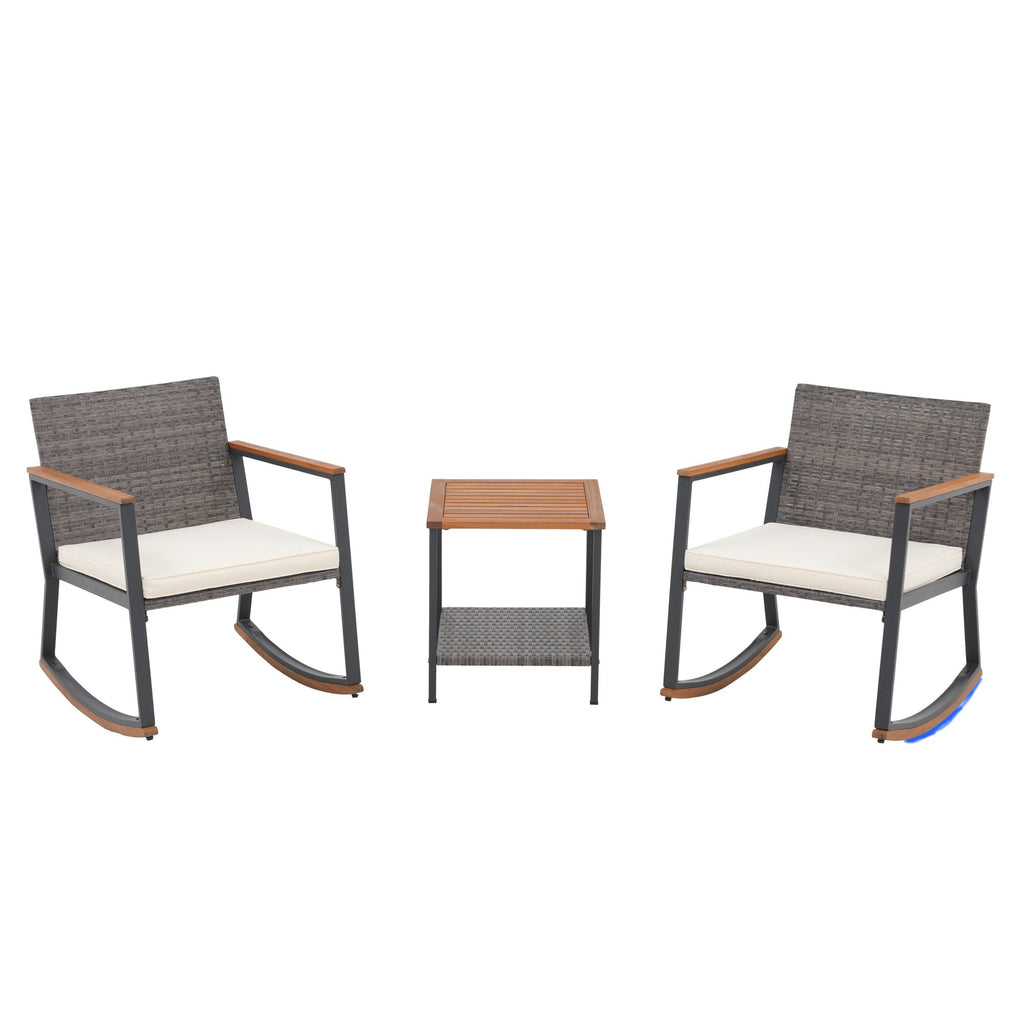 3-Piece Outdoor Wicker Rocking Chair Set with Cushions