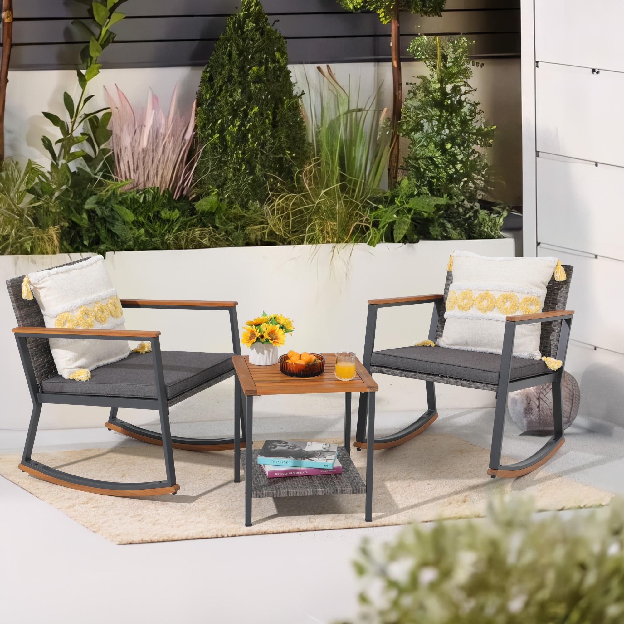 3-Piece Outdoor Wicker Rocking Chair Set with Cushions