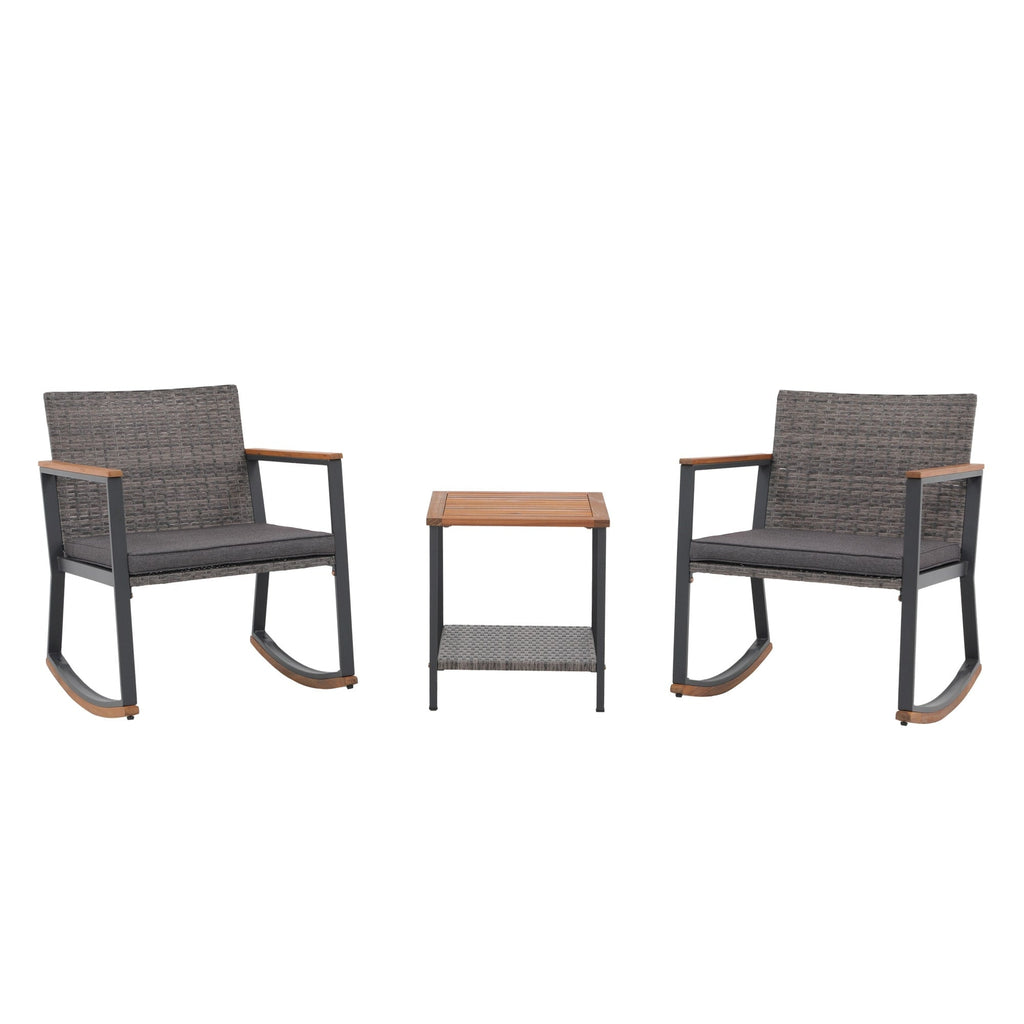 3-Piece Outdoor Wicker Rocking Chair Set with Cushions