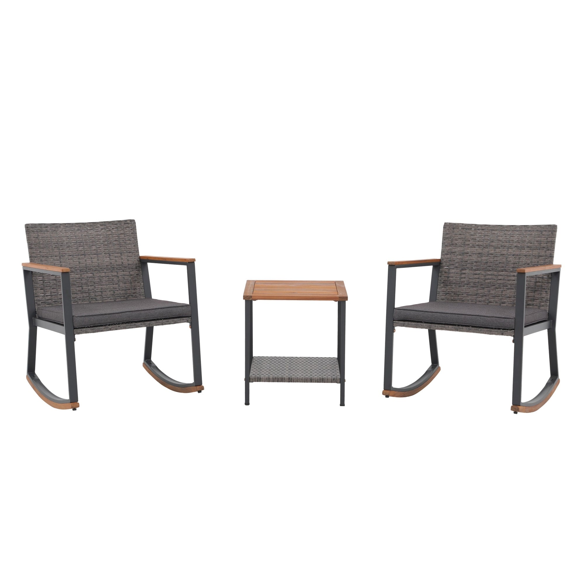 3-Piece Outdoor Wicker Rocking Chair Set with Cushions