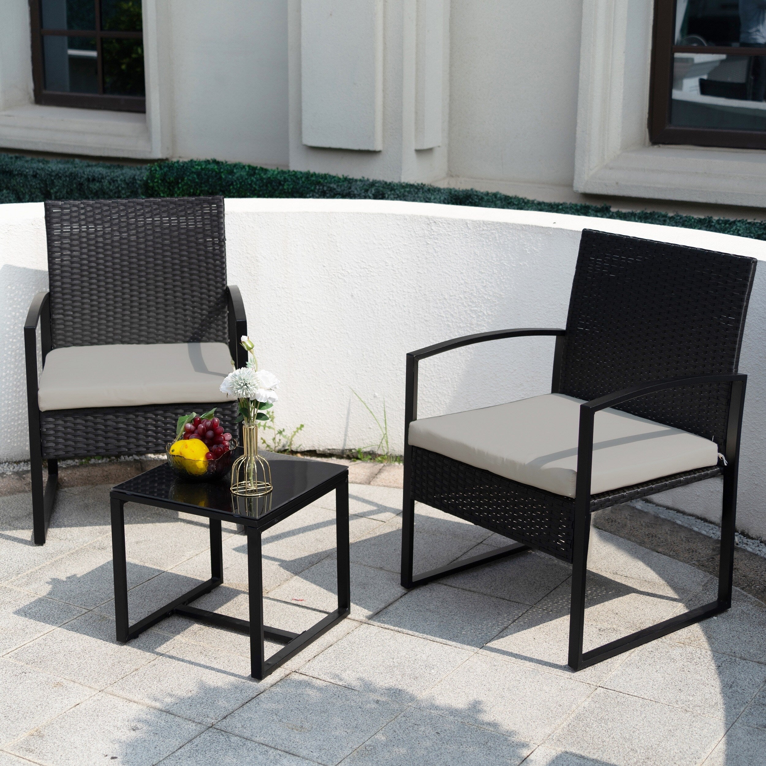 3 Piece Patio Bistro Set Outdoor Furniture Set with Glass Table, Rattan Conversation Sets for Porch Garden Balcony