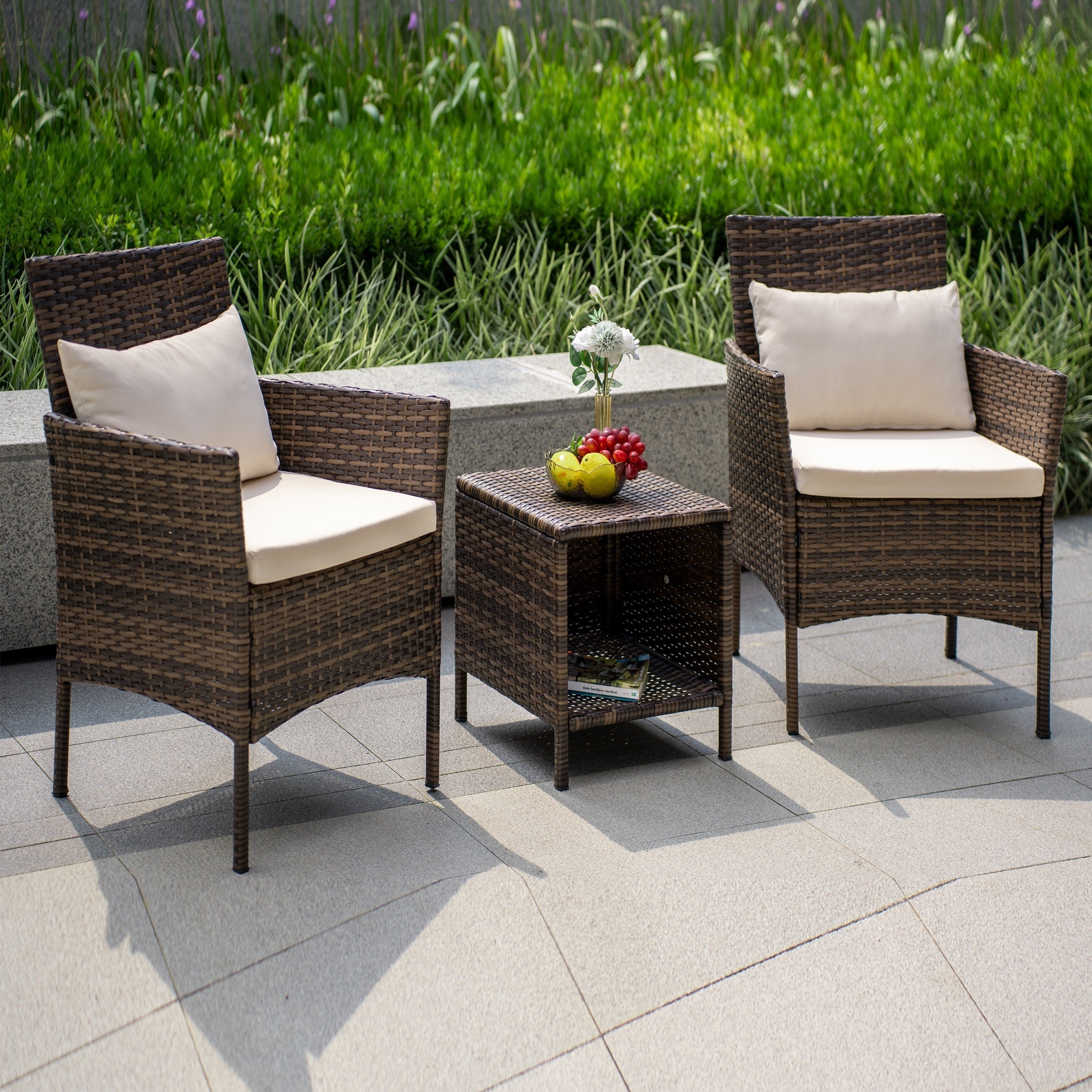 Ensemble de bistro de conversation de patio 3 pièces, meubles de conversation d'extérieur, chaises en osier et ensemble de table de rangement, ensemble de meubles de balcon de porche