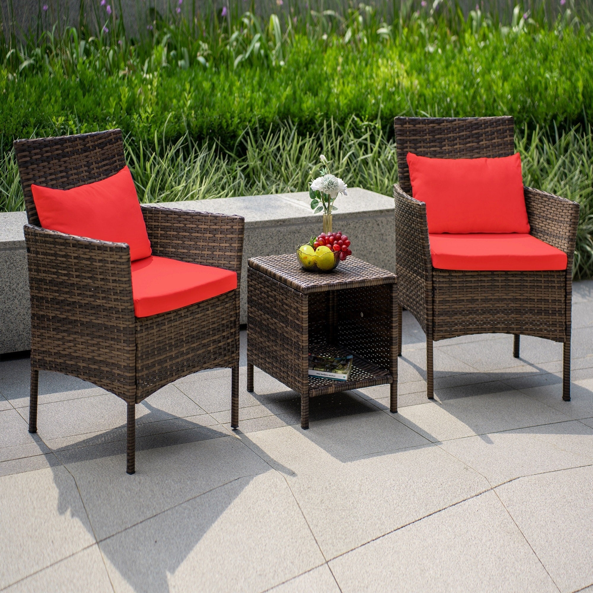 Ensemble de bistro de conversation de patio 3 pièces, meubles de conversation d'extérieur, chaises en osier et ensemble de table de rangement, ensemble de meubles de balcon de porche