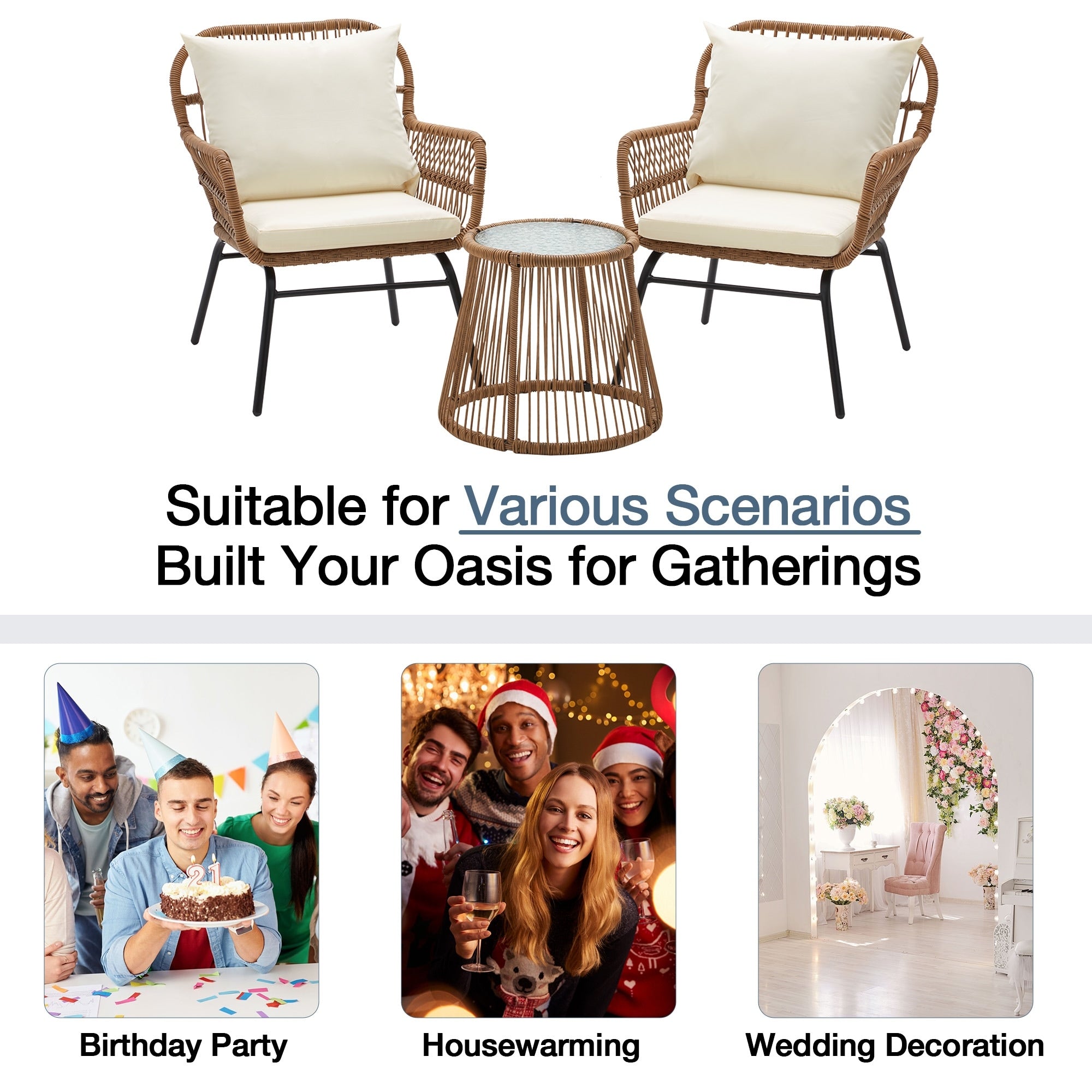 3-Piece Patio Conversation Bistro Set, Outdoor Rattan Furniture Set with Glass Table & 2 Wide Armchairs, Seat Cushions