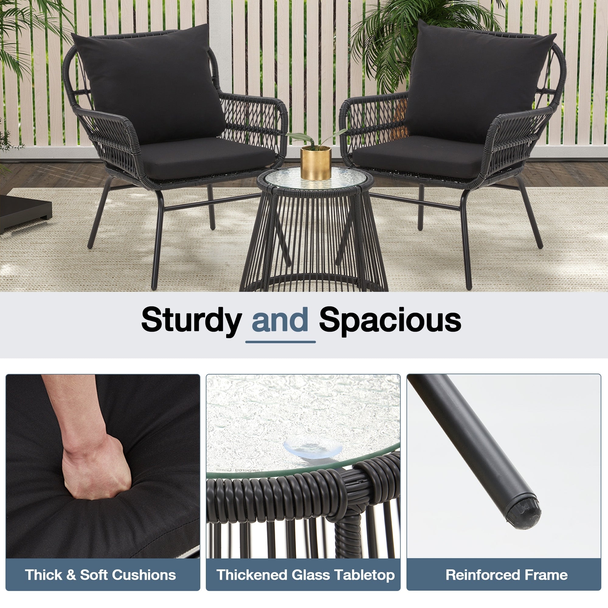 3-Piece Patio Conversation Bistro Set, Outdoor Rattan Furniture Set with Glass Table & 2 Wide Armchairs, Seat Cushions