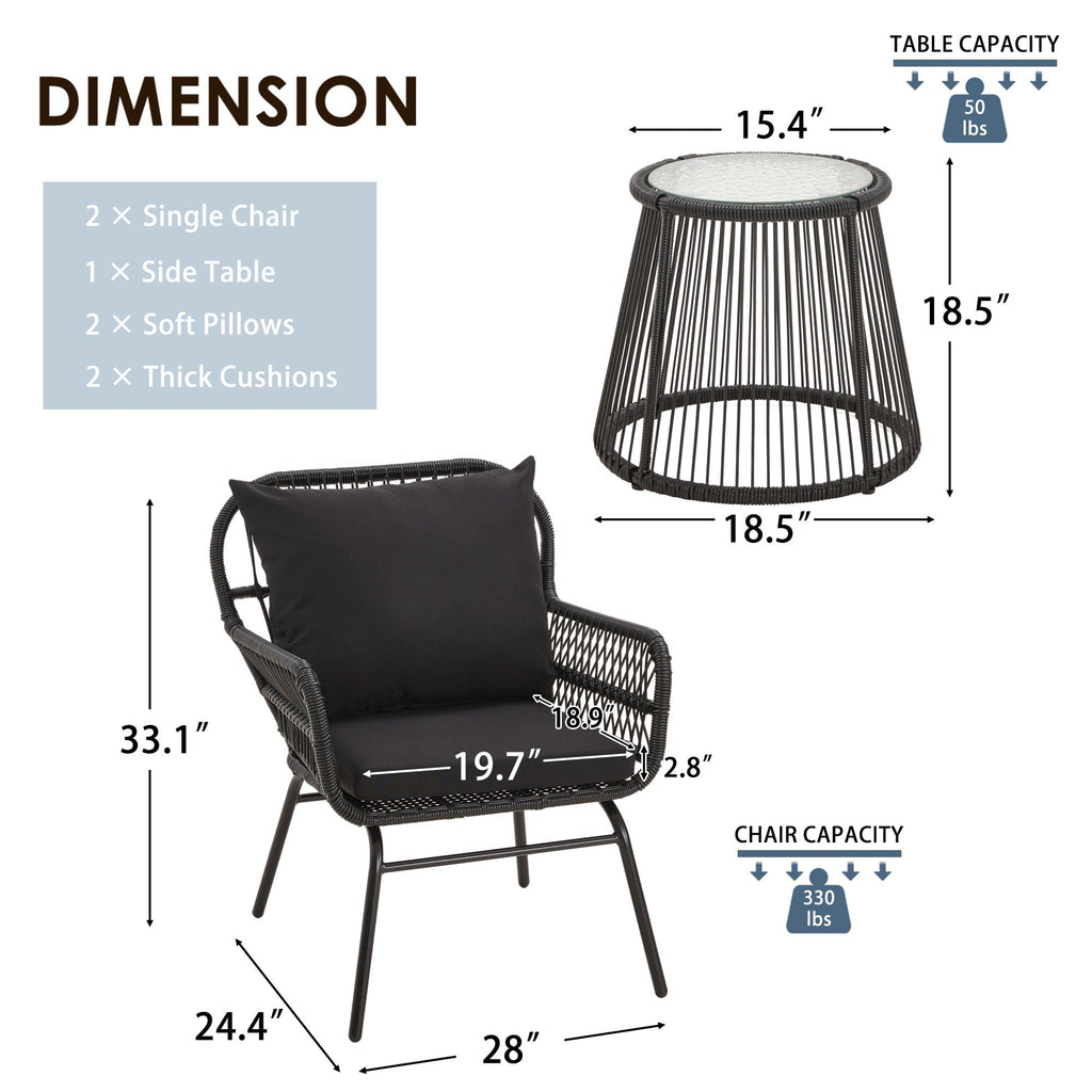 3-Piece Patio Conversation Bistro Set, Outdoor Rattan Furniture Set with Glass Table & 2 Wide Armchairs, Seat Cushions