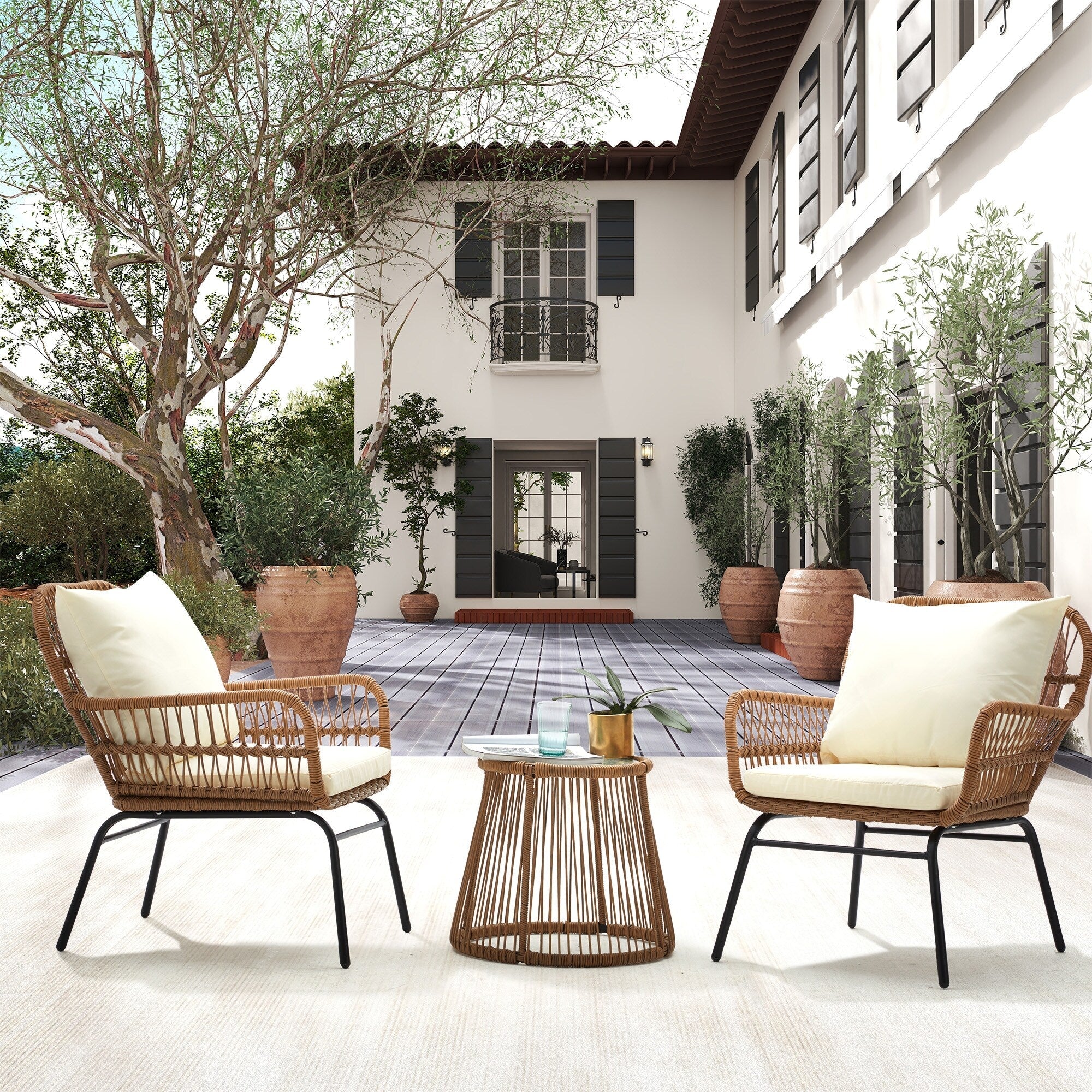 3-Piece Patio Conversation Bistro Set, Outdoor Rattan Furniture Set with Glass Table & 2 Wide Armchairs, Seat Cushions