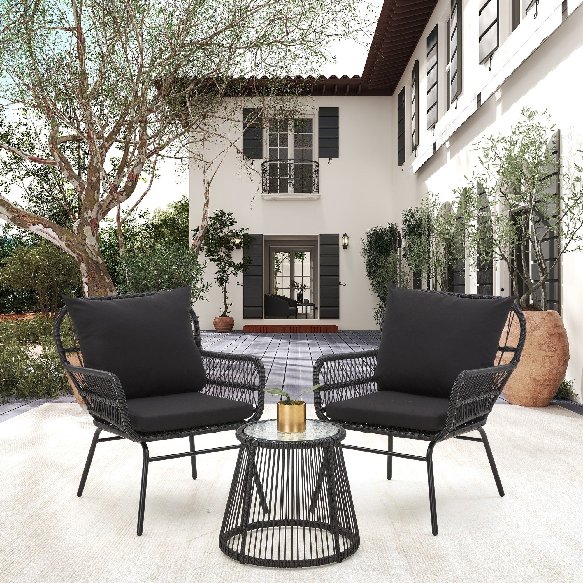 3-Piece Patio Conversation Bistro Set, Outdoor Rattan Furniture Set with Glass Table & 2 Wide Armchairs, Seat Cushions