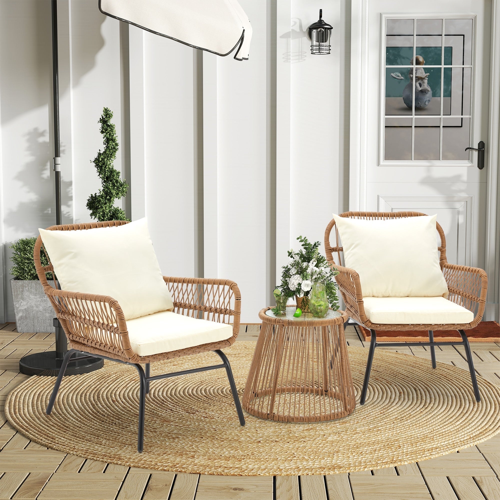 3-Piece Patio Conversation Bistro Set, Outdoor Rattan Furniture Set with Glass Table & 2 Wide Armchairs, Seat Cushions