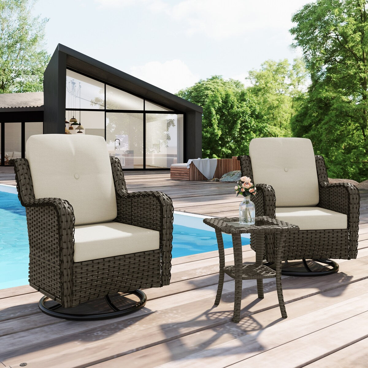 Ensemble de 3 chaises à bascule pivotantes et rembourrées en rotin pour patio avec table d'appoint