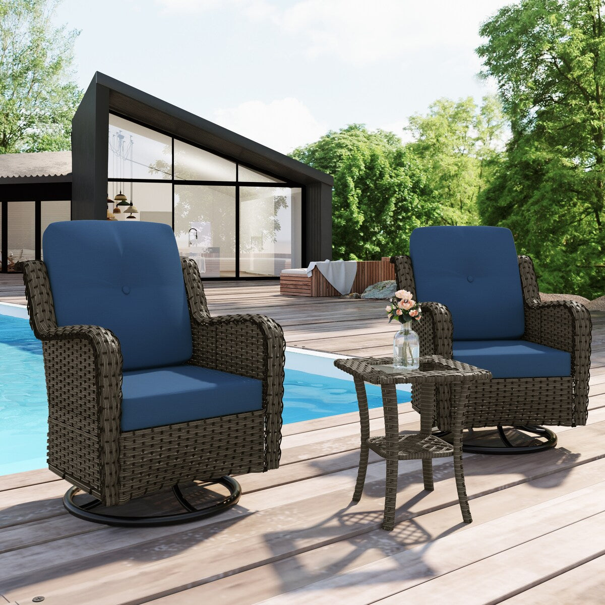 Ensemble de 3 chaises à bascule pivotantes et rembourrées en rotin pour patio avec table d'appoint