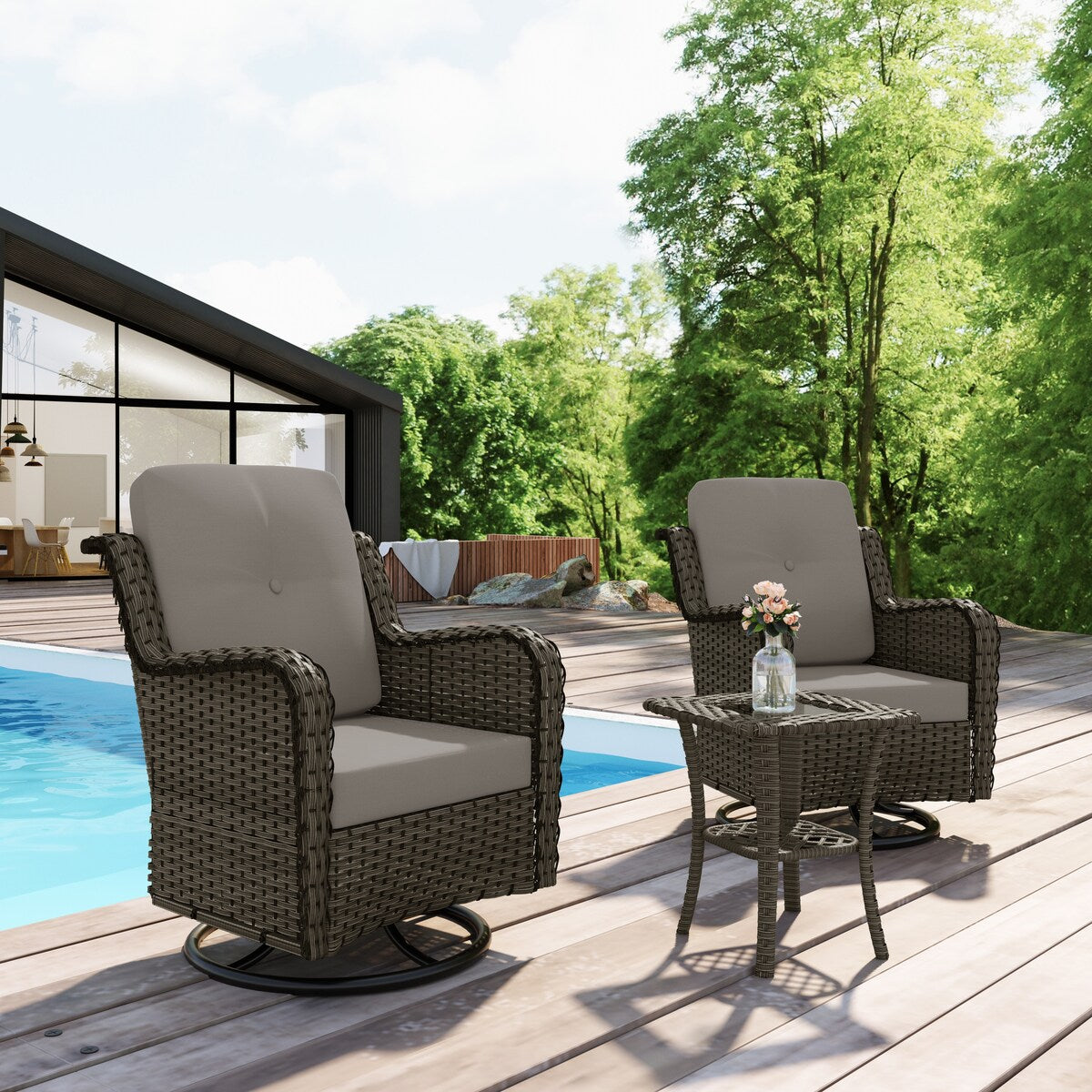 Ensemble de 3 chaises à bascule pivotantes et rembourrées en rotin pour patio avec table d'appoint