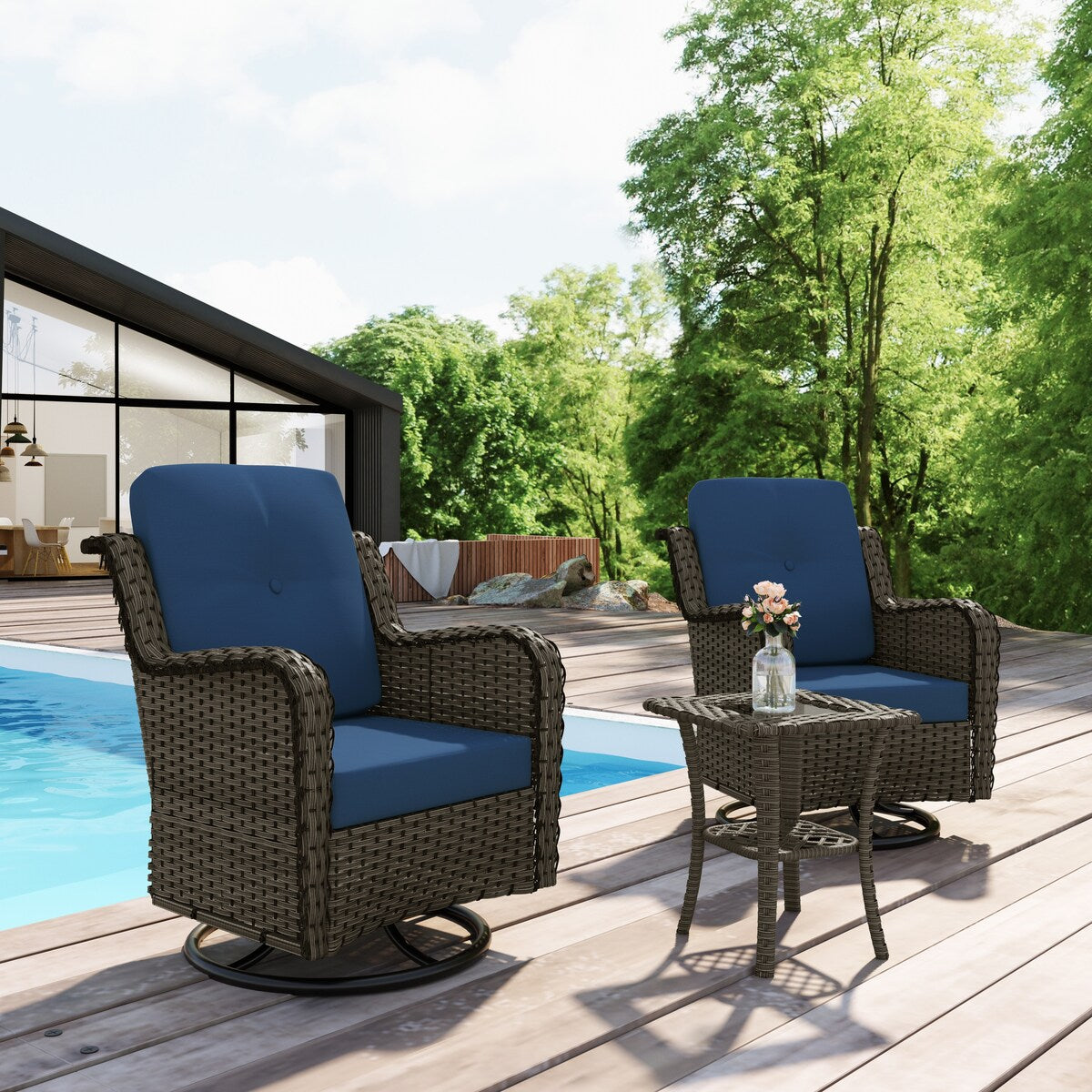 Ensemble de 3 chaises à bascule pivotantes et rembourrées en rotin pour patio avec table d'appoint