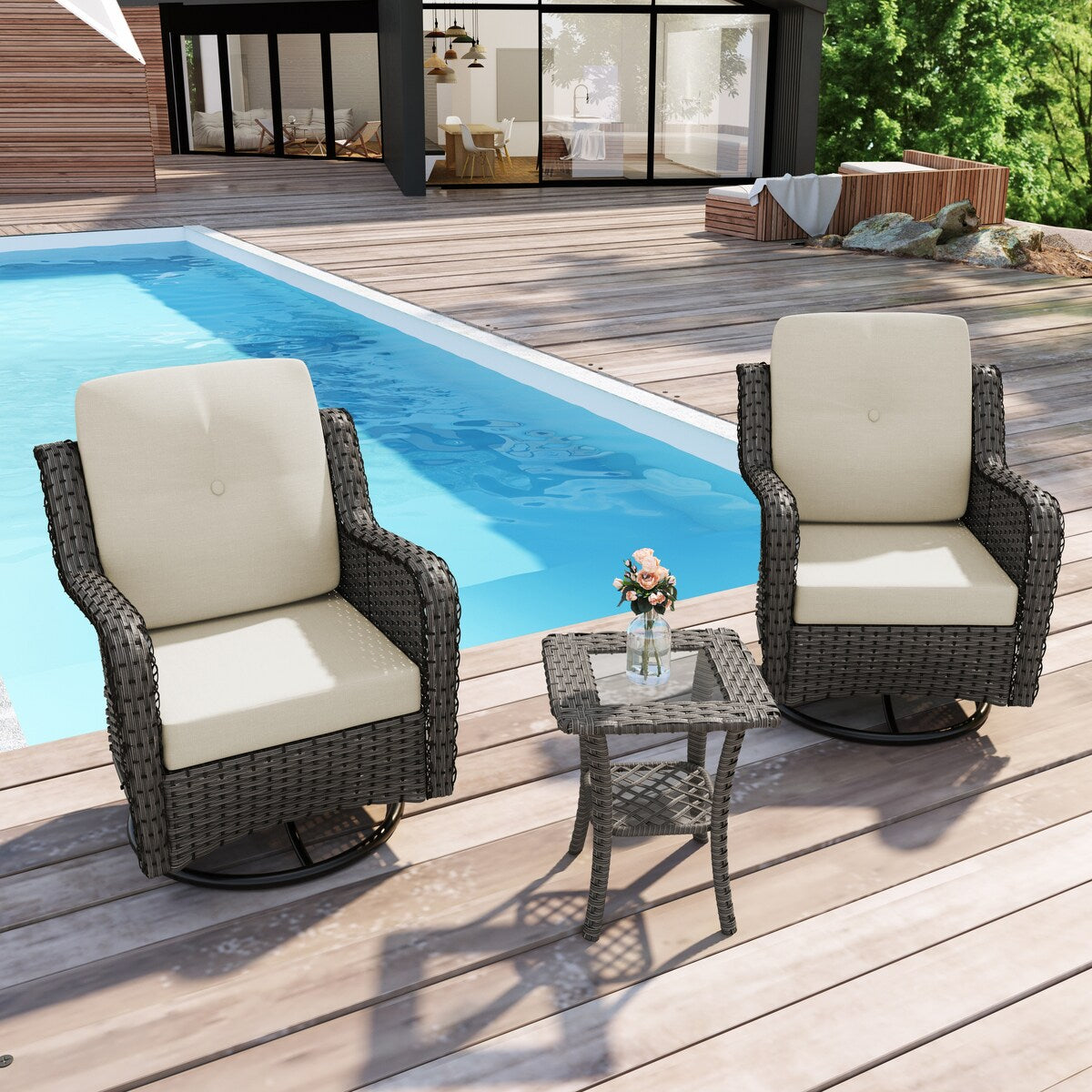 Ensemble de 3 chaises à bascule pivotantes et rembourrées en rotin pour patio avec table d'appoint