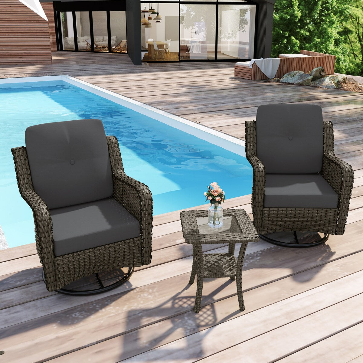 Ensemble de 3 chaises à bascule pivotantes et rembourrées en rotin pour patio avec table d'appoint