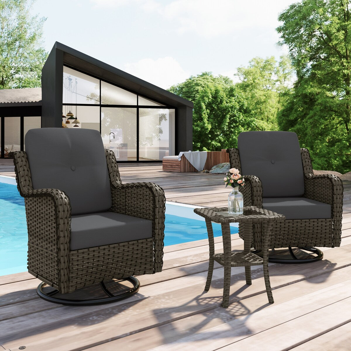 Ensemble de 3 chaises à bascule pivotantes et rembourrées en rotin pour patio avec table d'appoint