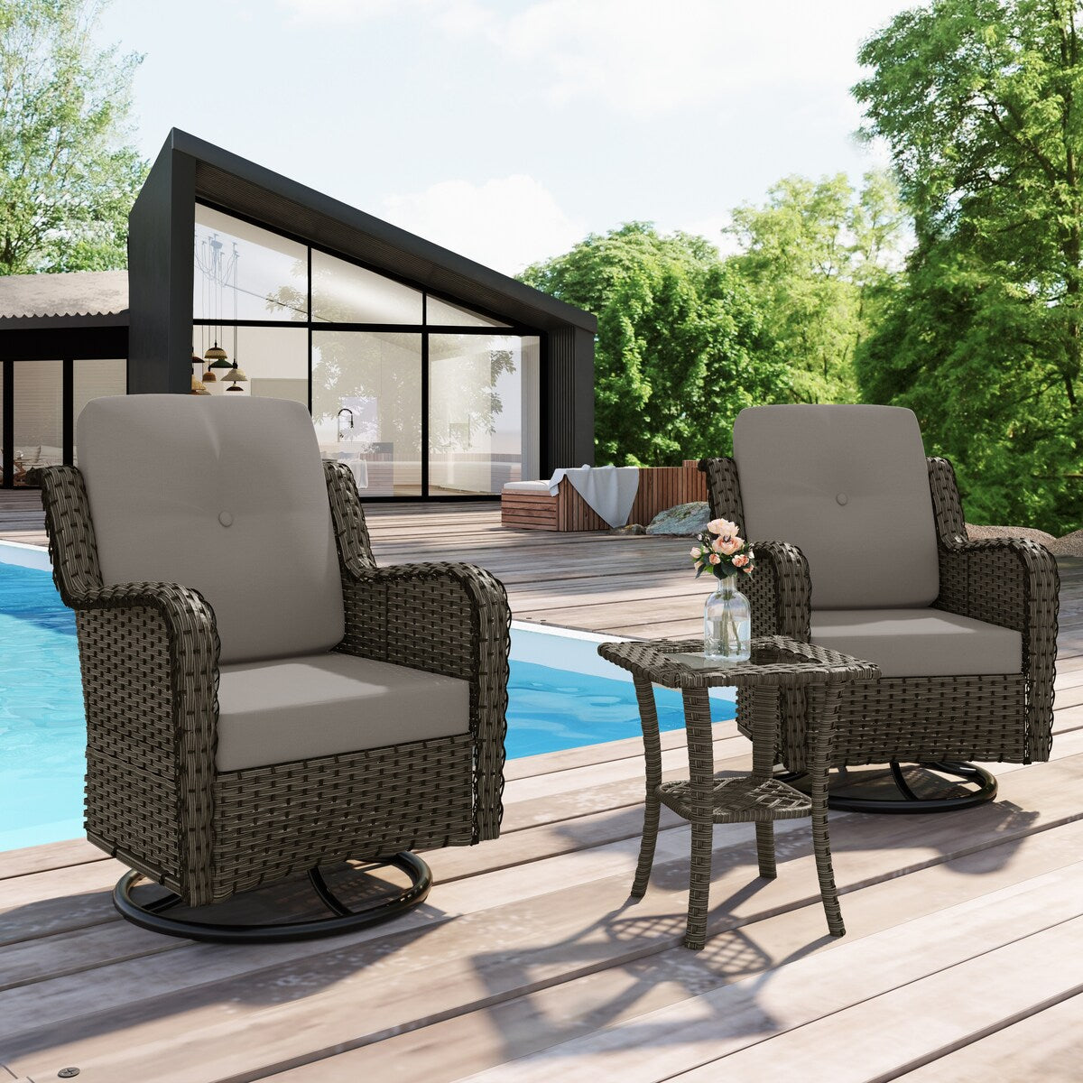Ensemble de 3 chaises à bascule pivotantes et rembourrées en rotin pour patio avec table d'appoint