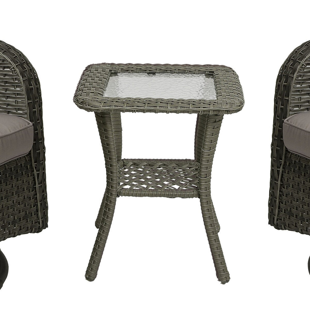 Ensemble de 3 chaises à bascule pivotantes et rembourrées en rotin pour patio avec table d'appoint