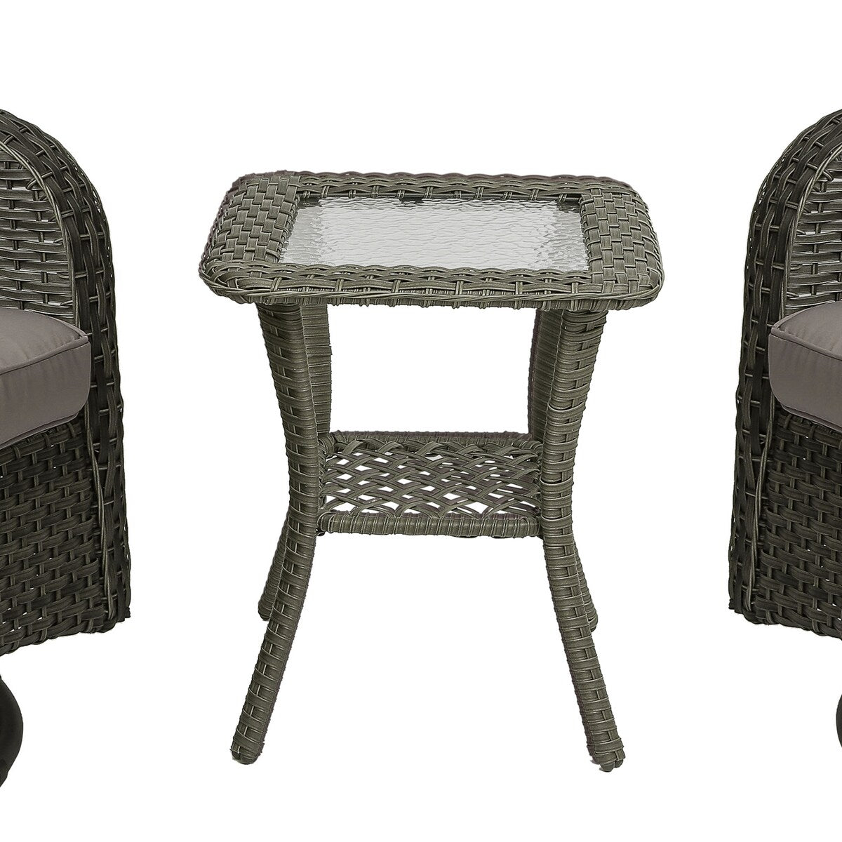 Ensemble de 3 chaises à bascule pivotantes et rembourrées en rotin pour patio avec table d'appoint