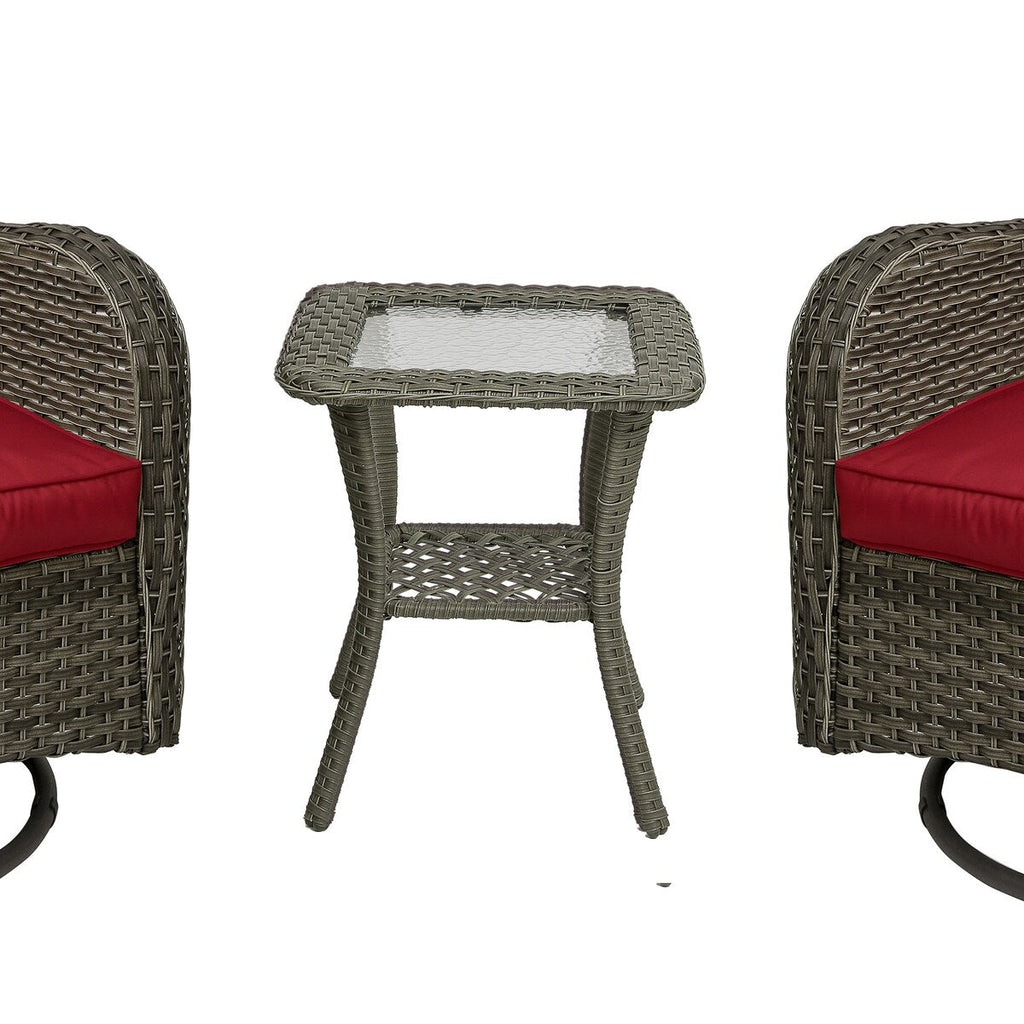 Ensemble de 3 chaises à bascule pivotantes et rembourrées en rotin pour patio avec table d'appoint