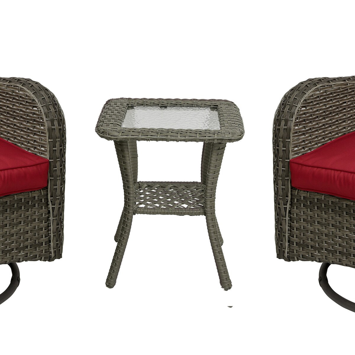 Ensemble de 3 chaises à bascule pivotantes et rembourrées en rotin pour patio avec table d'appoint
